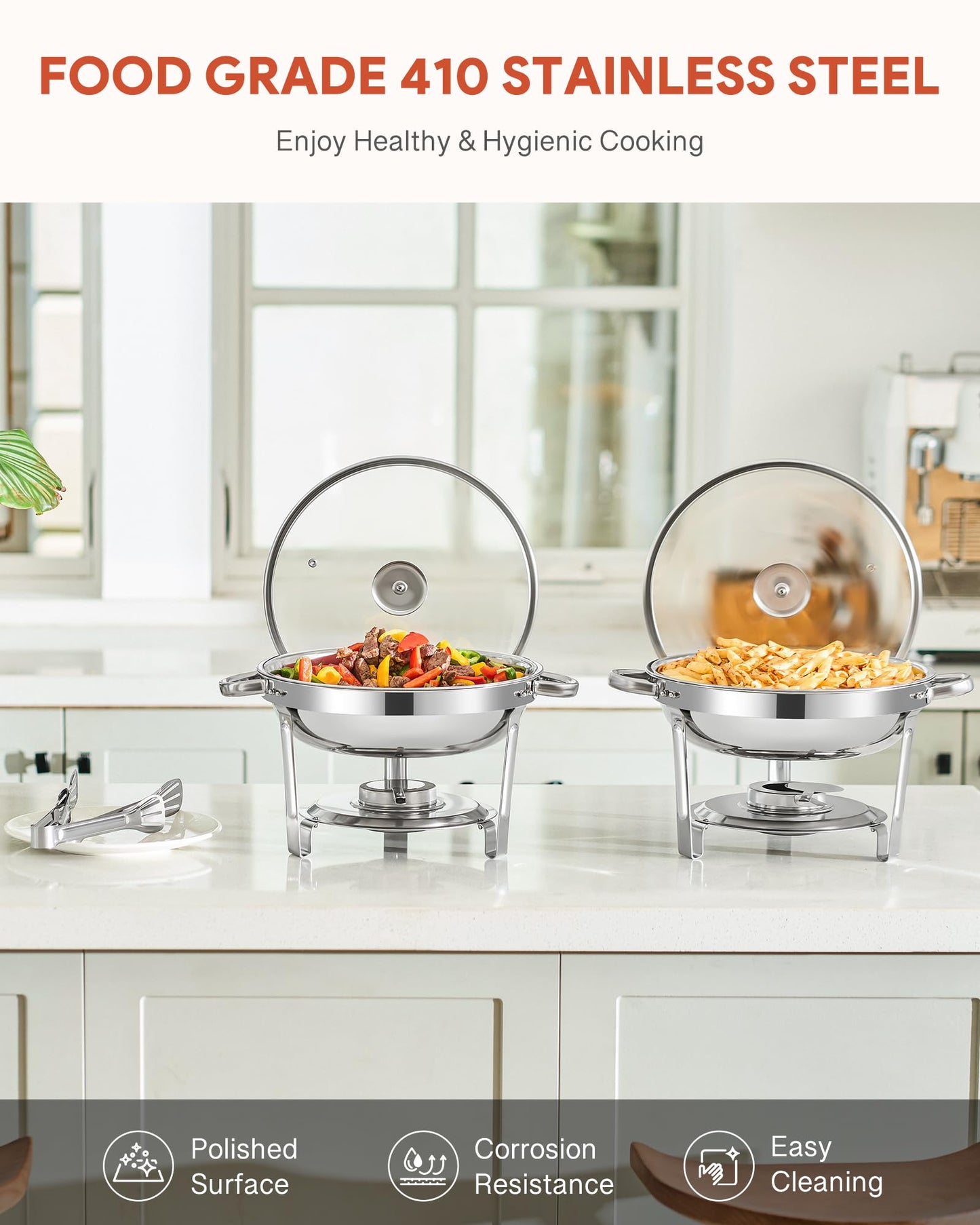 WILPREP Chafing Dish Buffet Set, 2 Pack 4.5L Round Chafers for Catering with Glass Lid & Lid Holder Water Food Pan, Stainless Steel Food Warmers