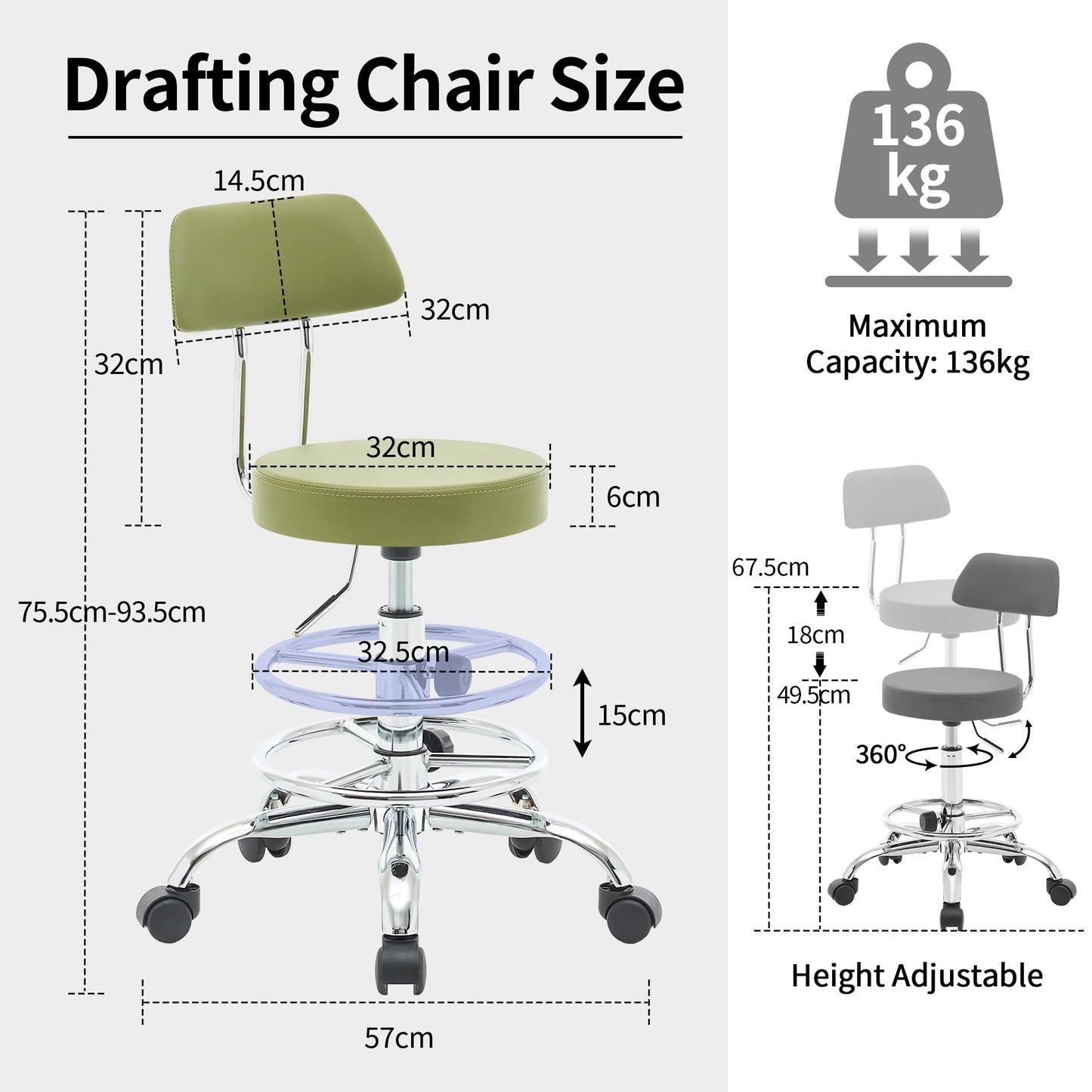 FIRAVOE Ergonomic Drafting Office Chair with Backrest, Swivel Work Stool with Adjustable Height and Footrest