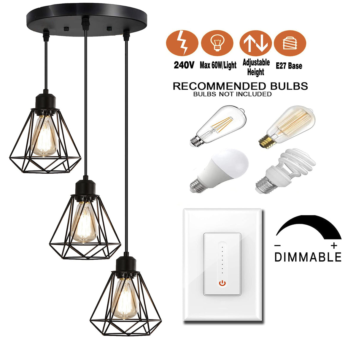 Timi Home Industrial 3-Light Pendant Light, Flush Mount Ceiling Light Fixture with Black Metal Cage Shade, Vintage Hanging Pendant Lighting for