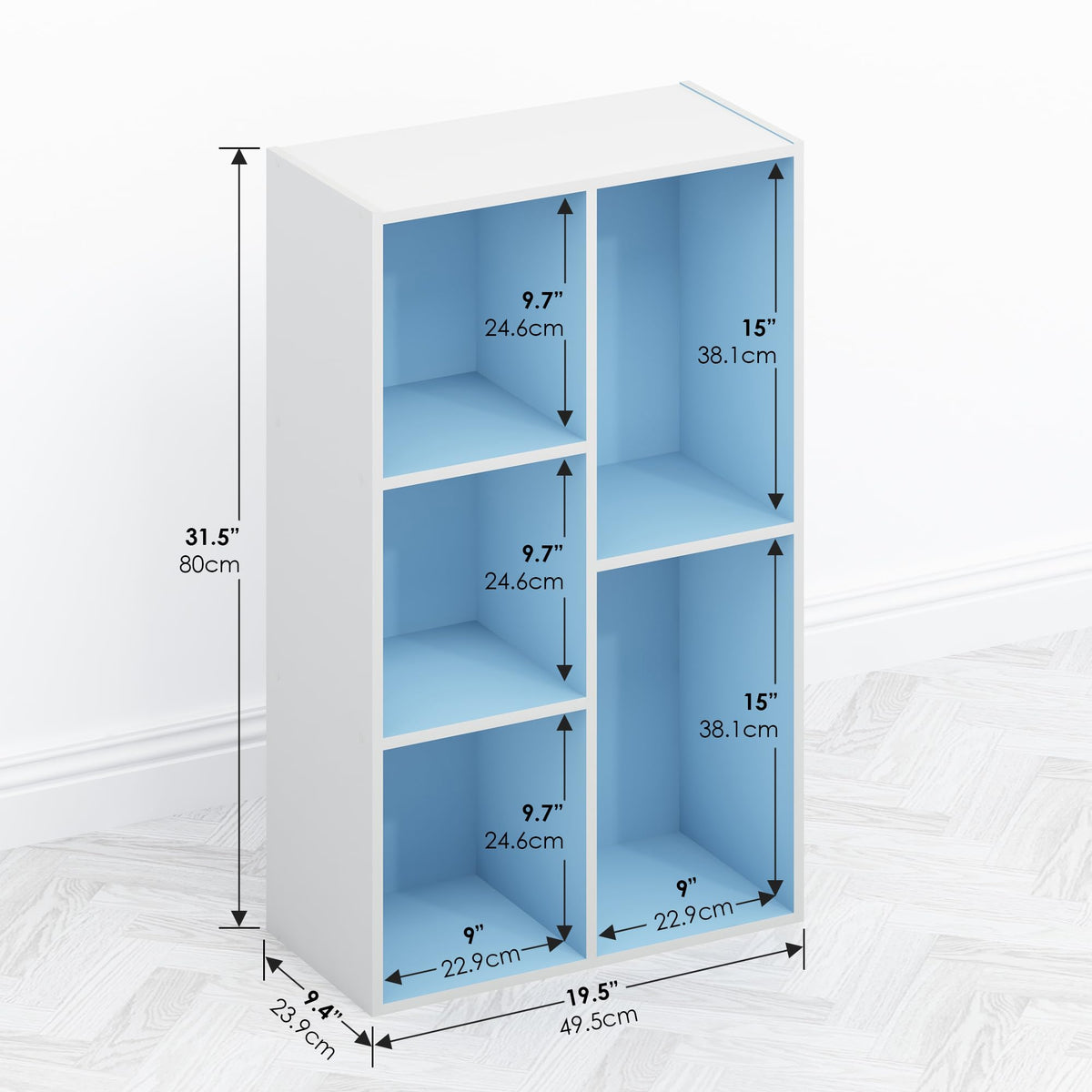 Furinno TOMI Book Shelf, 5-Cube Bookshelf, Reversible Bookcase, 23.88 x 49.53 x 80cm, for Living Room, Bedroom, Home Office, Light Blue