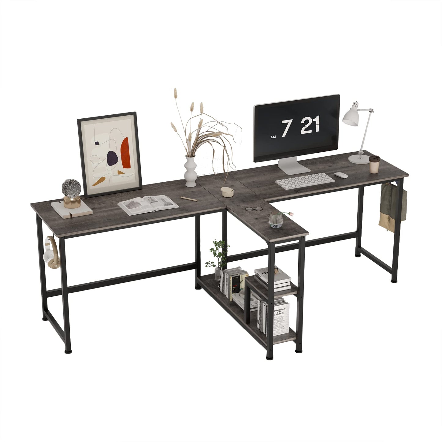 CAIYUN 83.7" Two Person Desk, Computer Desk with Storage Shelves, Office Desk with Monitor Stand, Long desks for Home Office, GreyOak