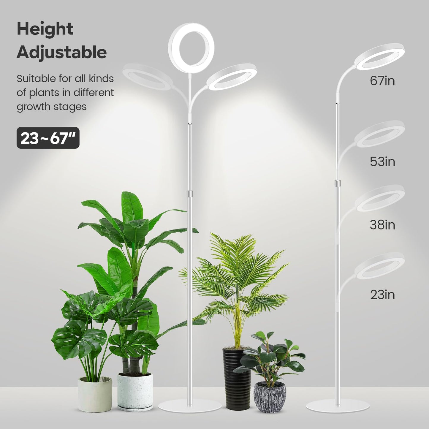 Garpsen Grow Light, Full Spectrum LED Floor Plant Light with Timer 6/12/16H, 3 Color Modes Grow Lamp with Base, 5 Dimmable Levels, 23''~67''Adjustable