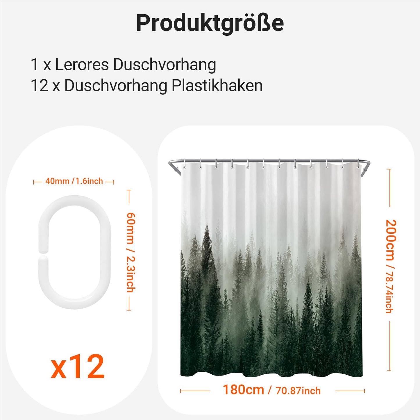 Lerores Shower Curtain, 180 x 200 cm, Green, Weighted Hem, Anti-Mould, Water-Repellent
