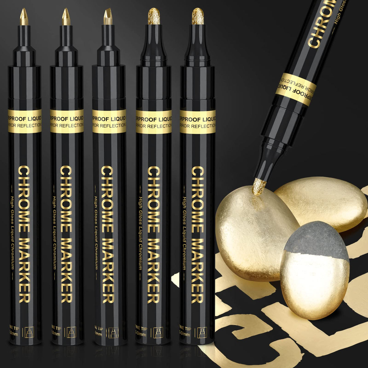 KERIFI Liquid Gold Chrome Markers, Supper Golden Metallic Paint Pens, Reflective Gloss Permanent Mirror Markers for Model Repairing, Resin Metal Glass