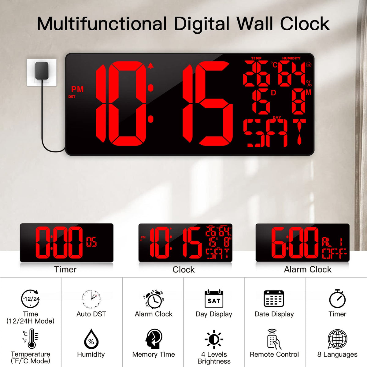 XREXS 18 Inch Extra Large Digital Wall Clock with Remote Control, LED Large Wall Clocks, Count Up/Down Timer, Auto-Dimming Alarm Clock with