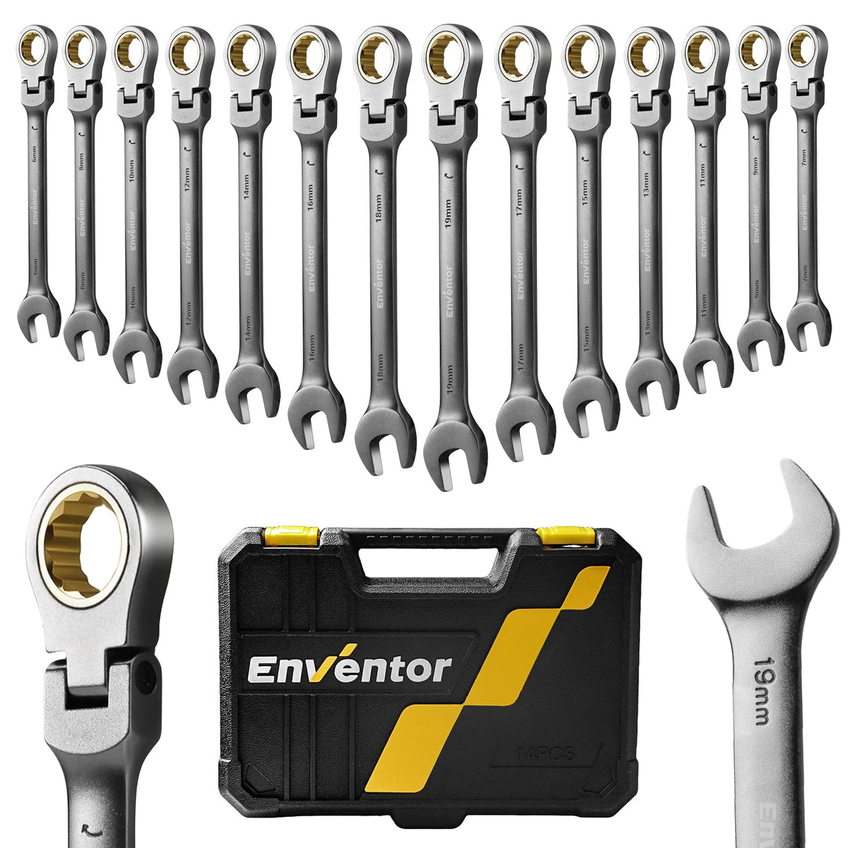 Enventor 14PCS Flex-Head Ratchet Spanner Set, 90-Teeth, 4? Swing Arc - Metric, 6mm to 19mm Ratcheting Combination Wrench Set, Chrome Vanadium Steel-