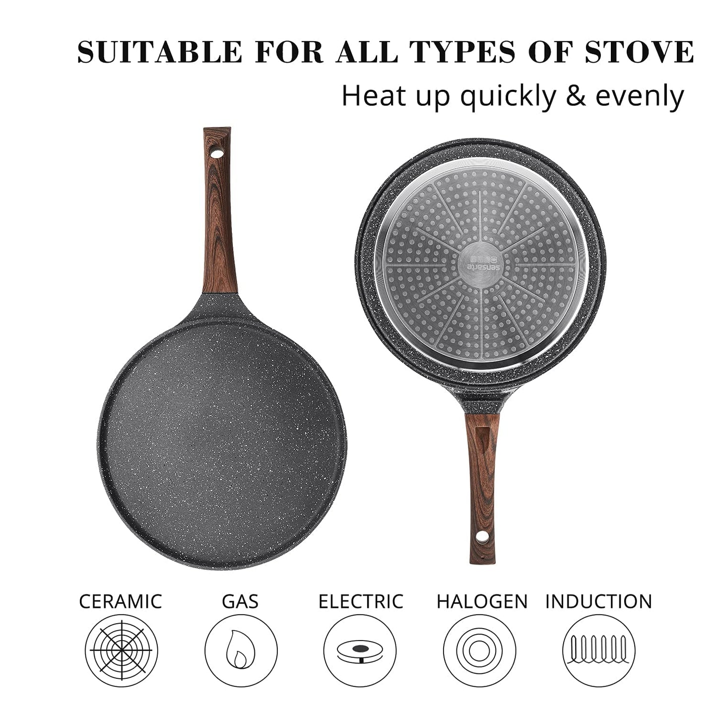 SENSARTE Nonstick Crepe Pan with Spreader, 30 cm Swiss Granite Coating Dosa Pan Pancake Flat Skillet Tawa Griddle with Stay-Cool Handle, Induction