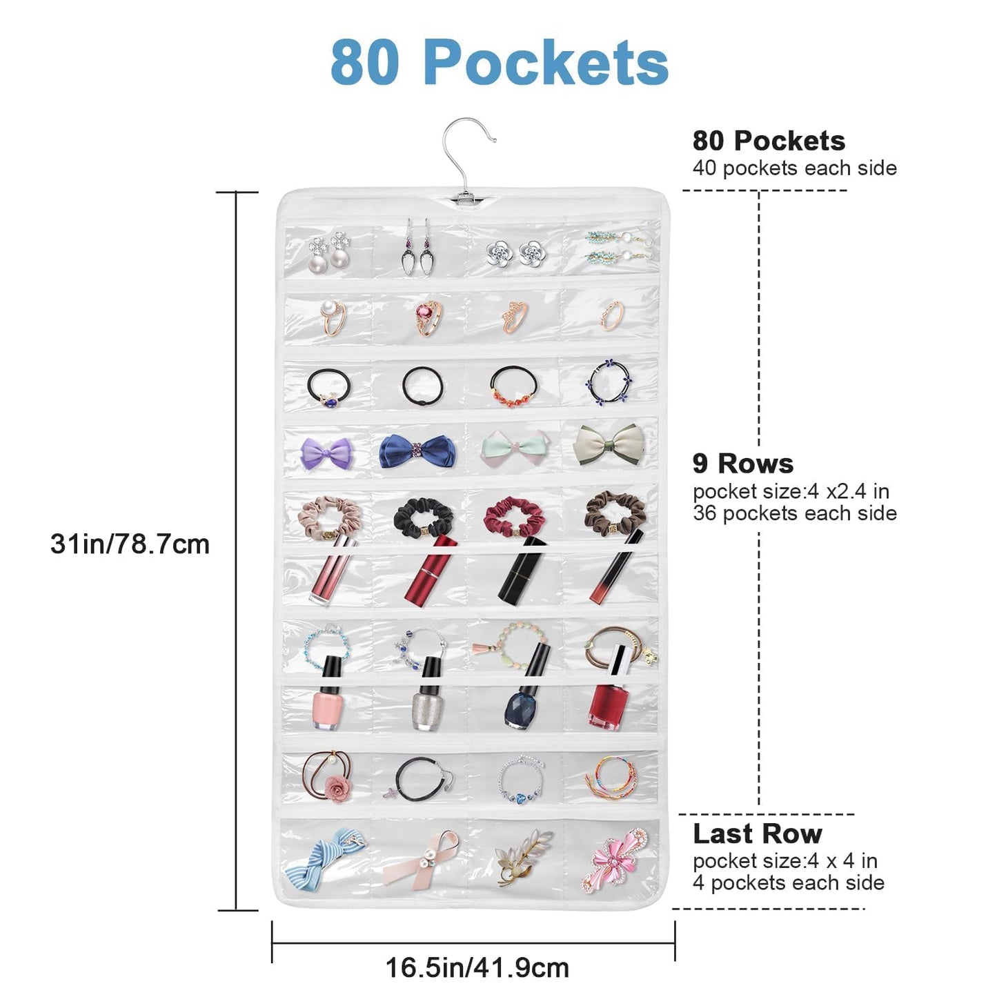 Linkstyle 160 Pocket Hanging Jewellery Organiser, Double-Sided Travel Jewelry Storage Roll, Jewelry Holder Bag with Hook, 2 PCS