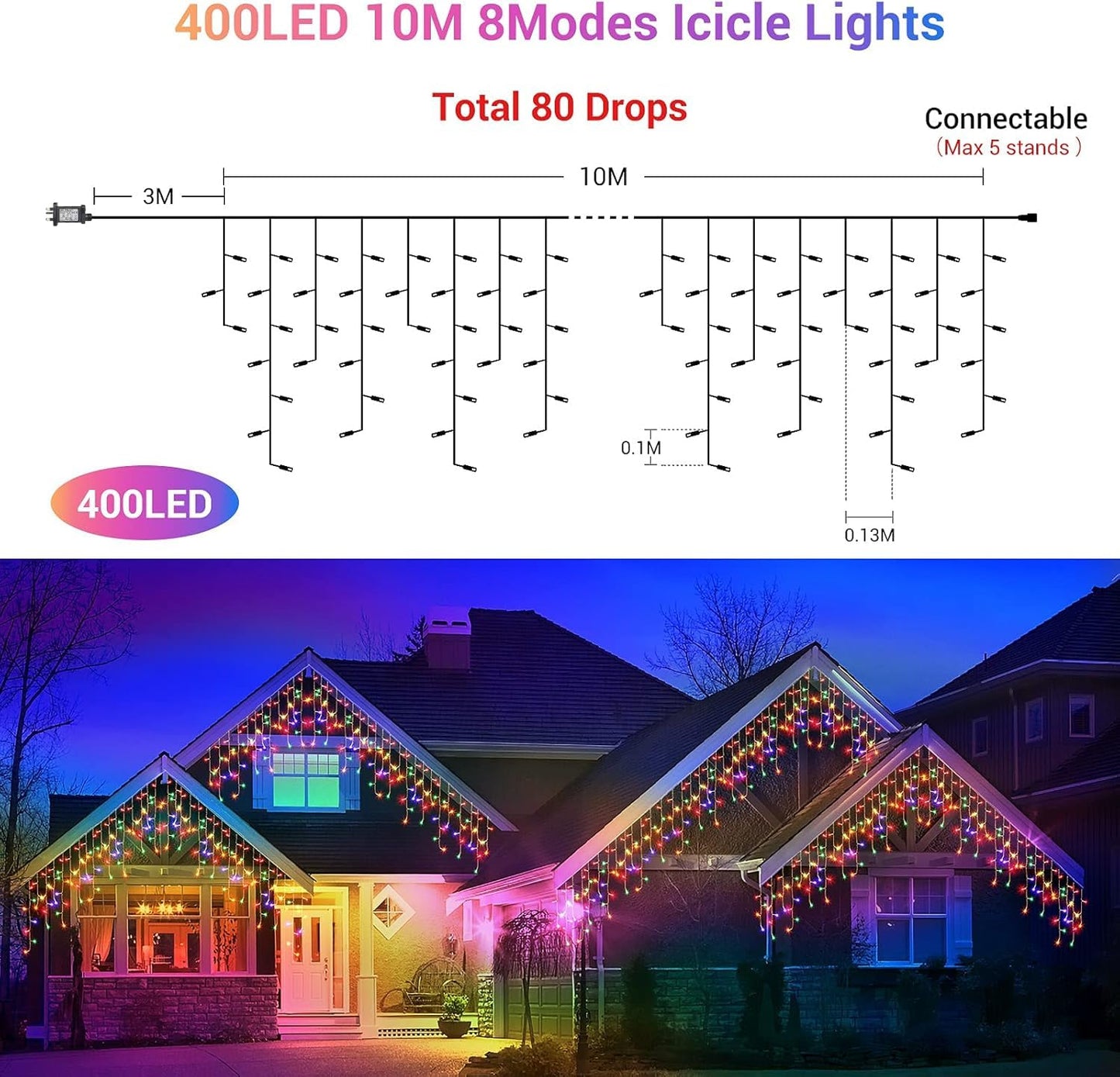 GlobaLink Christmas Icicle Lights Outdoor, 10M/32FT 400LED Icicle Fairy Lights with Timer & 8 Modes, 80 Drops Mains Powered Outdoor Christmas Lights
