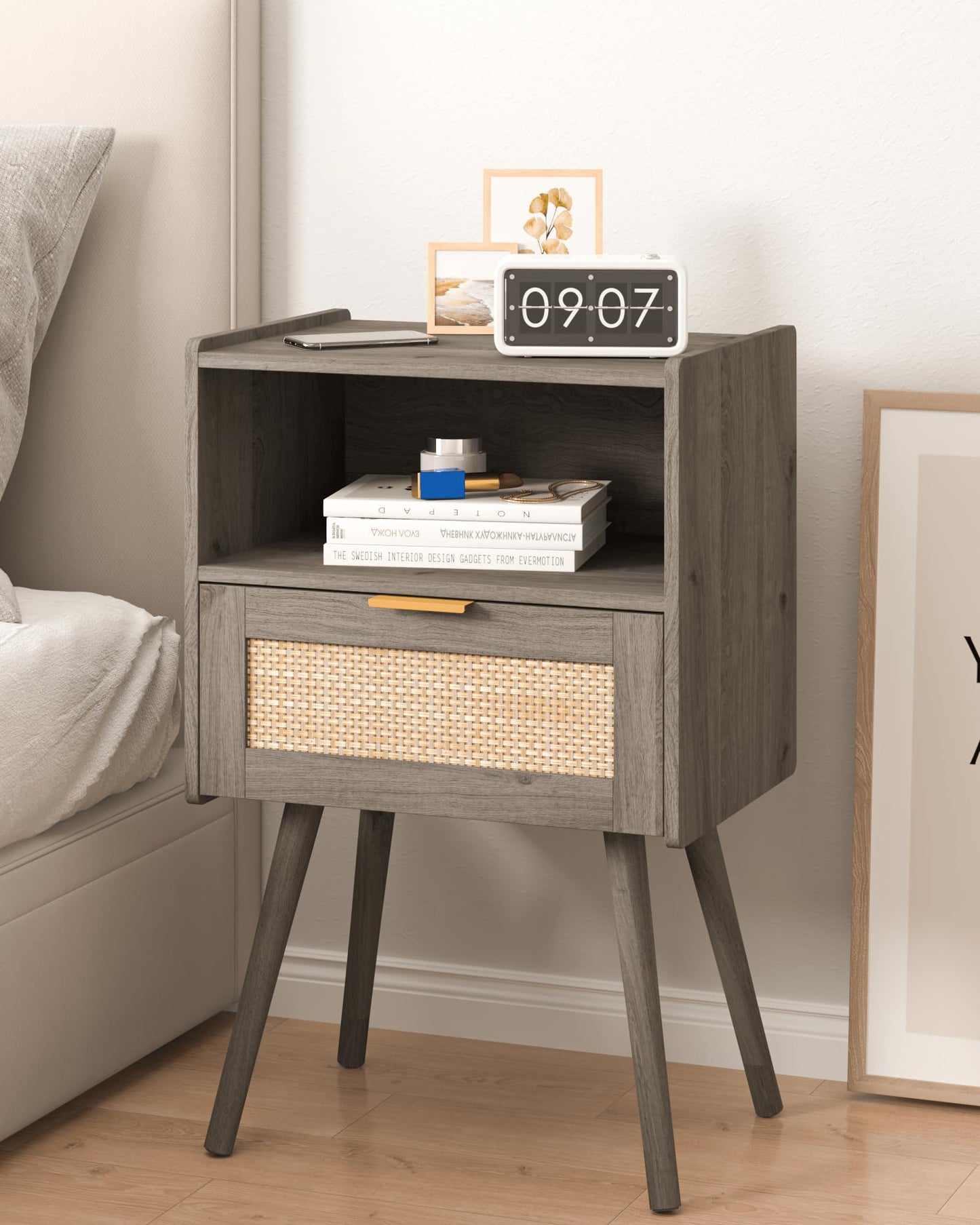 JERX Rattan Nightstand,Farmhouse Bedside Table with Storage Drawer and Open Wood Shelf, for Living Room, Bedroom and Small Spaces