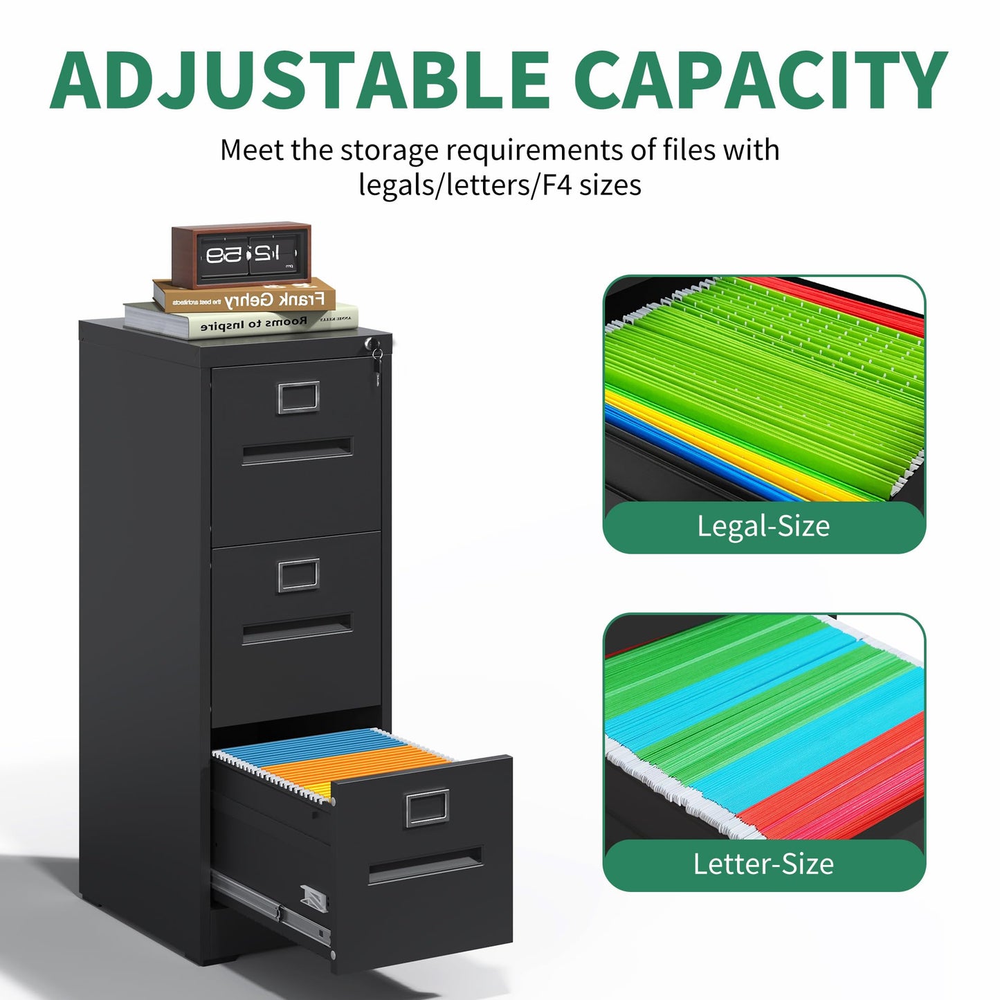 IKIMI Black Metal File Cabinet with 3 Drawer,Vertical File Cabinet with Lock for A4/Letter/Legal Size Files,Steel Filing Cabinets for Home