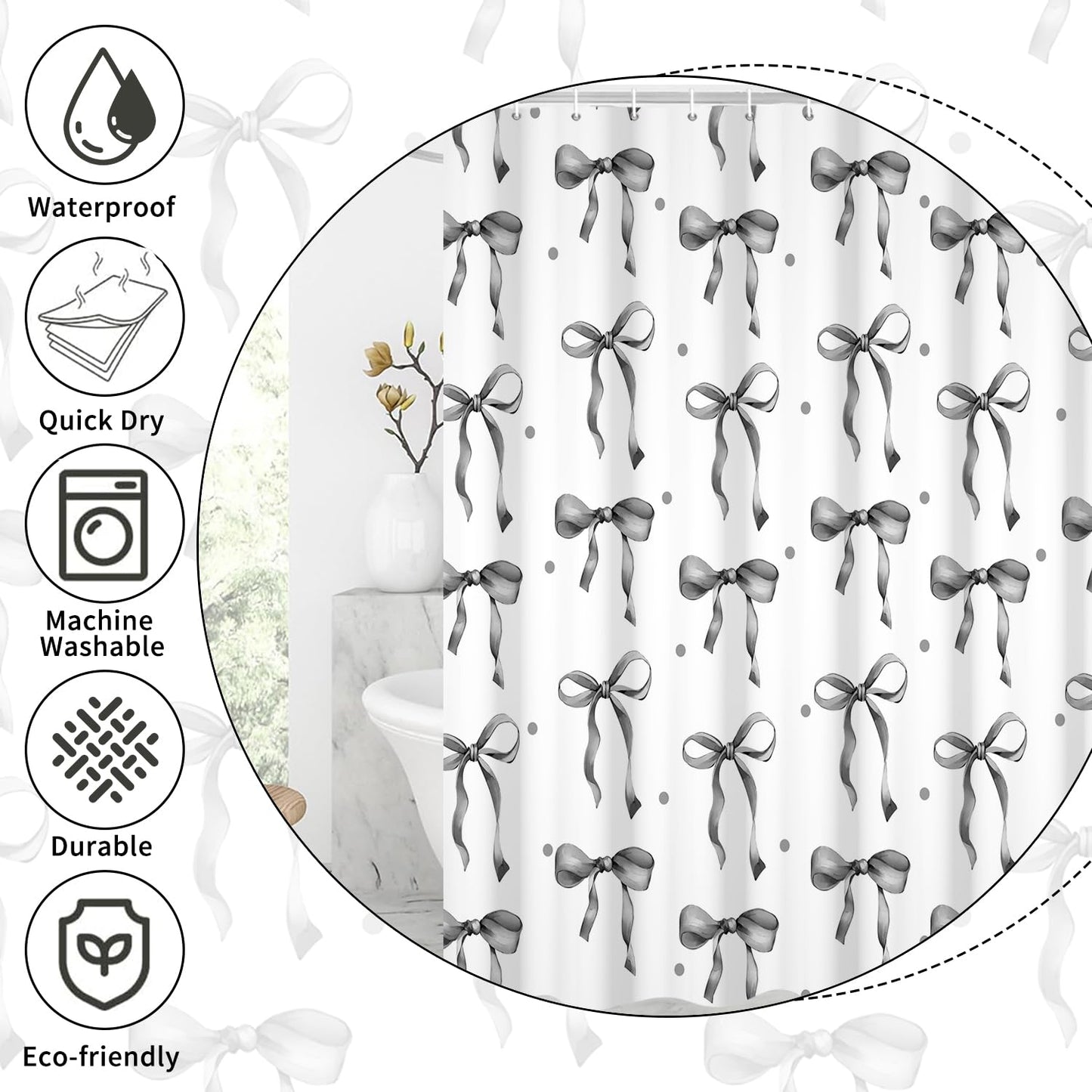 GCIREC Shower Curtain, 180x200cm, Gray Cute Aesthetic Bowknot Bows Waterproof Fabric Machine Washable Bathroom Curtain with Hooks