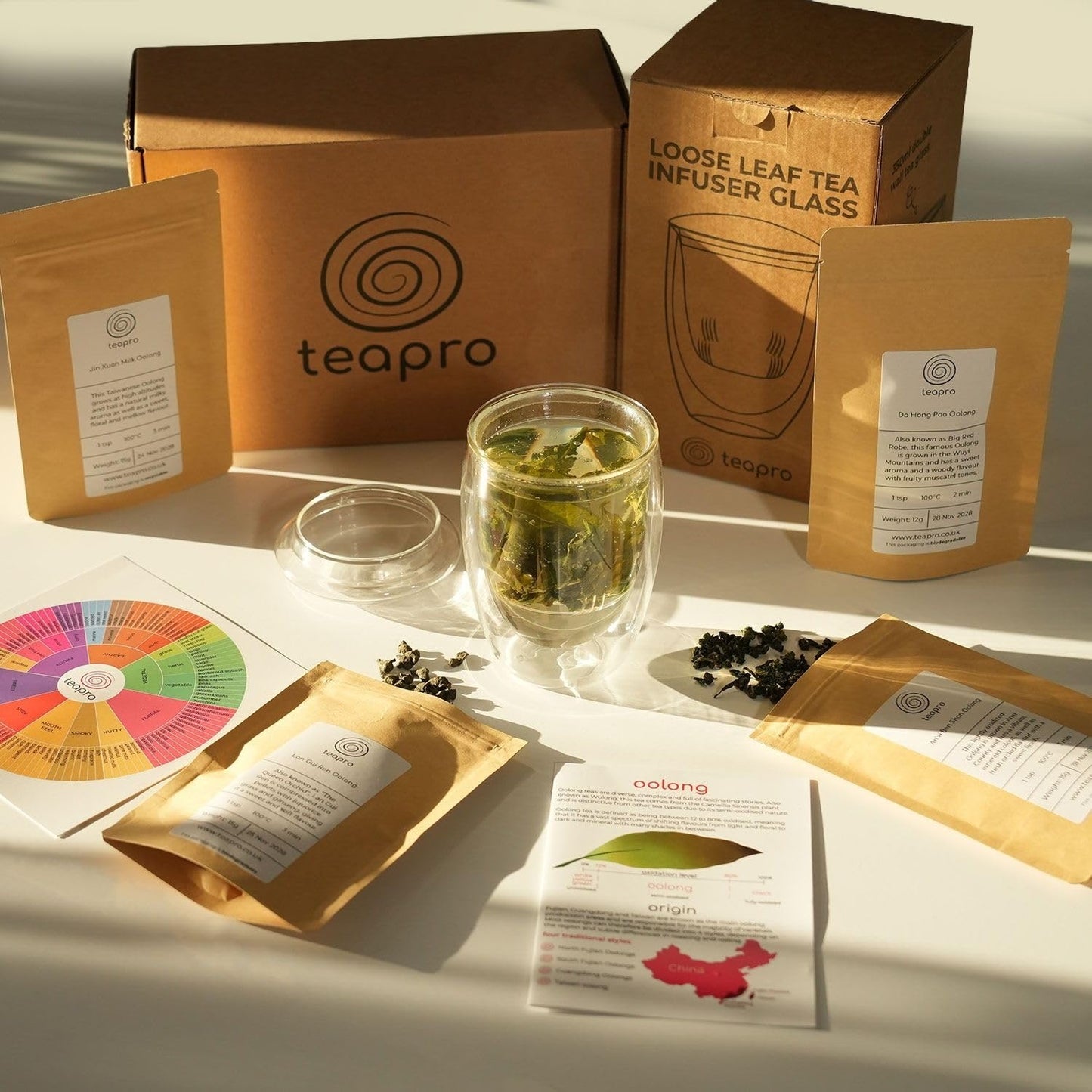 Oolong Tea Gift Set with Glass Infuser & Guide Booklet | Da Hong Pao, Milk Oolong, Lan Gui Ren & An?xi Ben Shan | Premium Tea Sampler for Wellness,