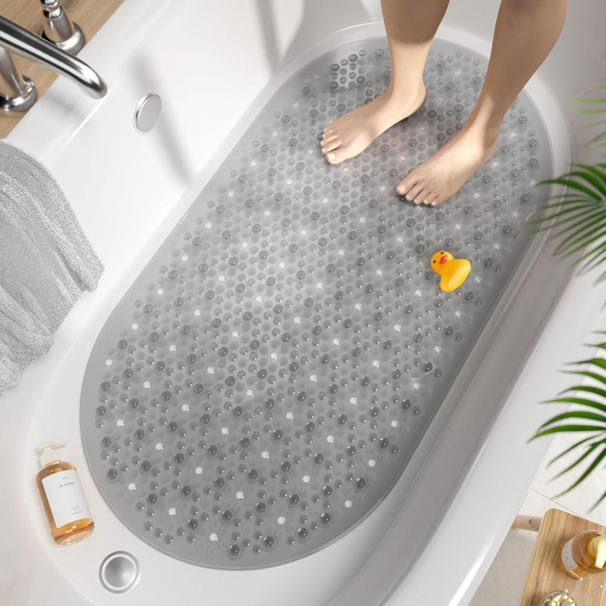 HITSLAM Oval Bath Mat Non Slip Anti Mould, 68 x 38 CM Anti Slip Shower Mat for Bathroom, Machine Washable Bubble Bathtub mat with Suction Cups and