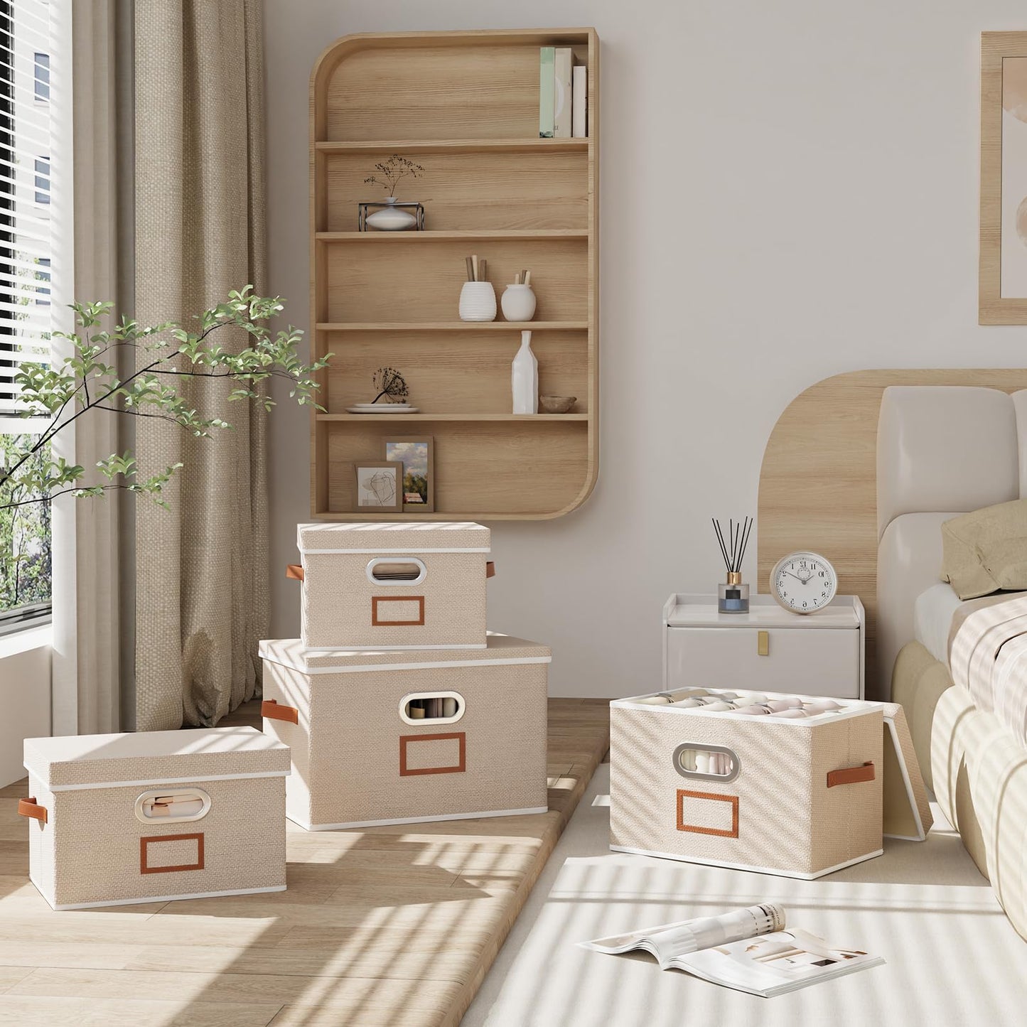 OUTBROS 3 Set Storage Boxes with Lids, Organiser Box 26×20×17cm, Beige