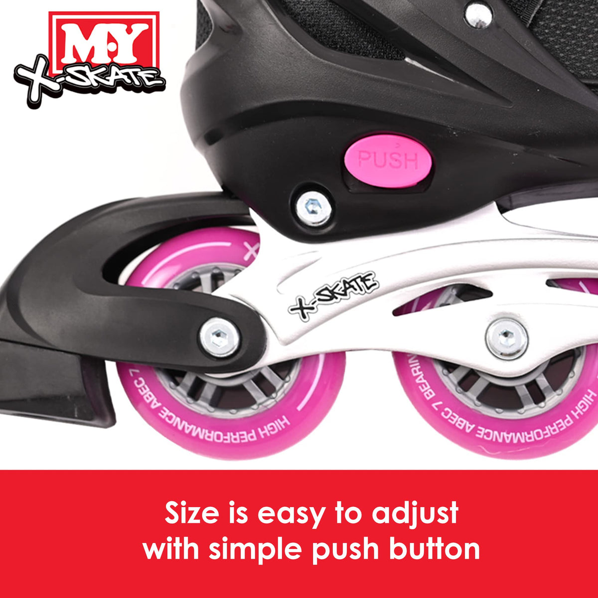 M.Y X-Skate Adjustable Pink Inline Roller Skates with Built In Adjusters Kids Roller Boots for Boys & Girls - Large