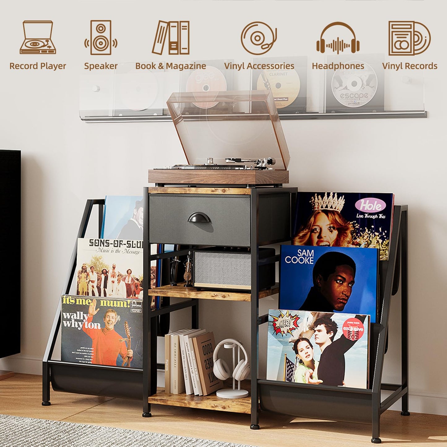 CAIYUN Record Player Stand with 3-Tier Storage, Turntable Table for Living Room, Holds Up to 280 Albums