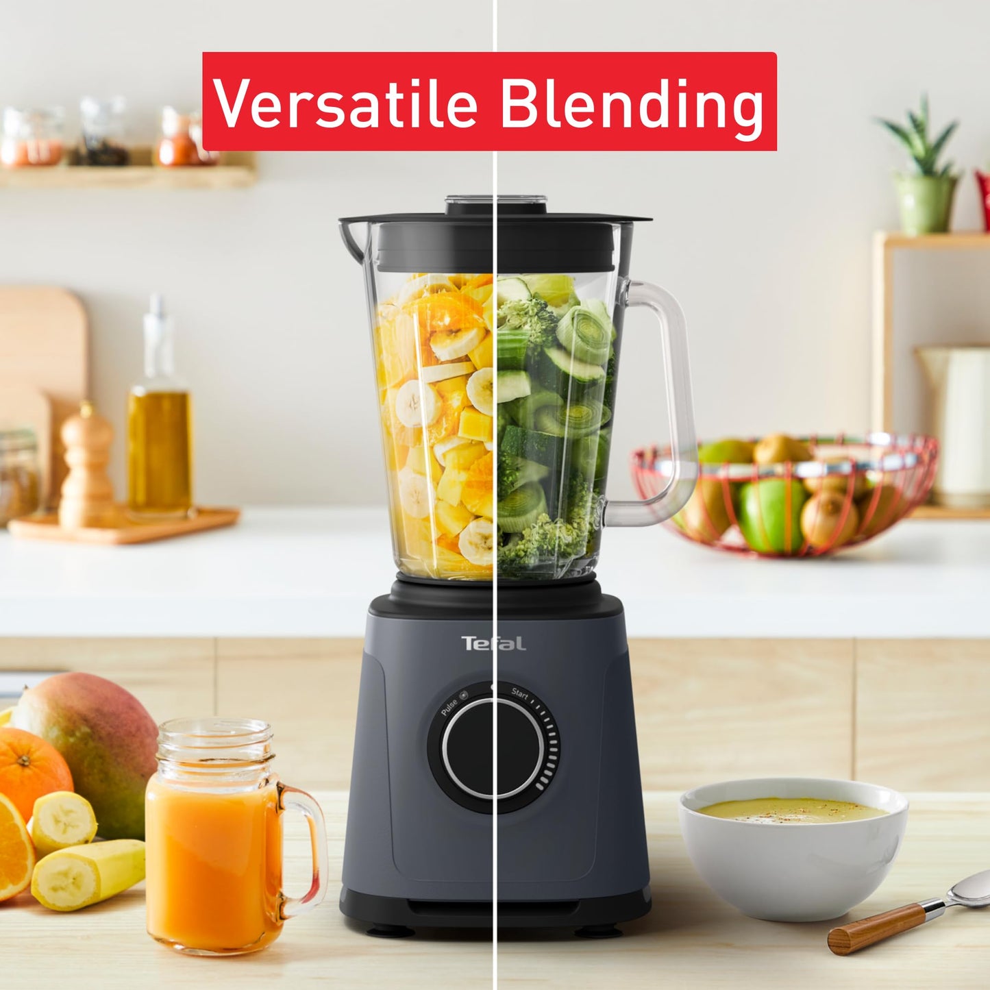 Tefal PerfectMix High-Speed Blender, 2L Glass Jar, 1200W, Powerful Powelix Blades, Soups, Smoothies, Sauces, Dips, Removable Blades, Grey, BL771BG0