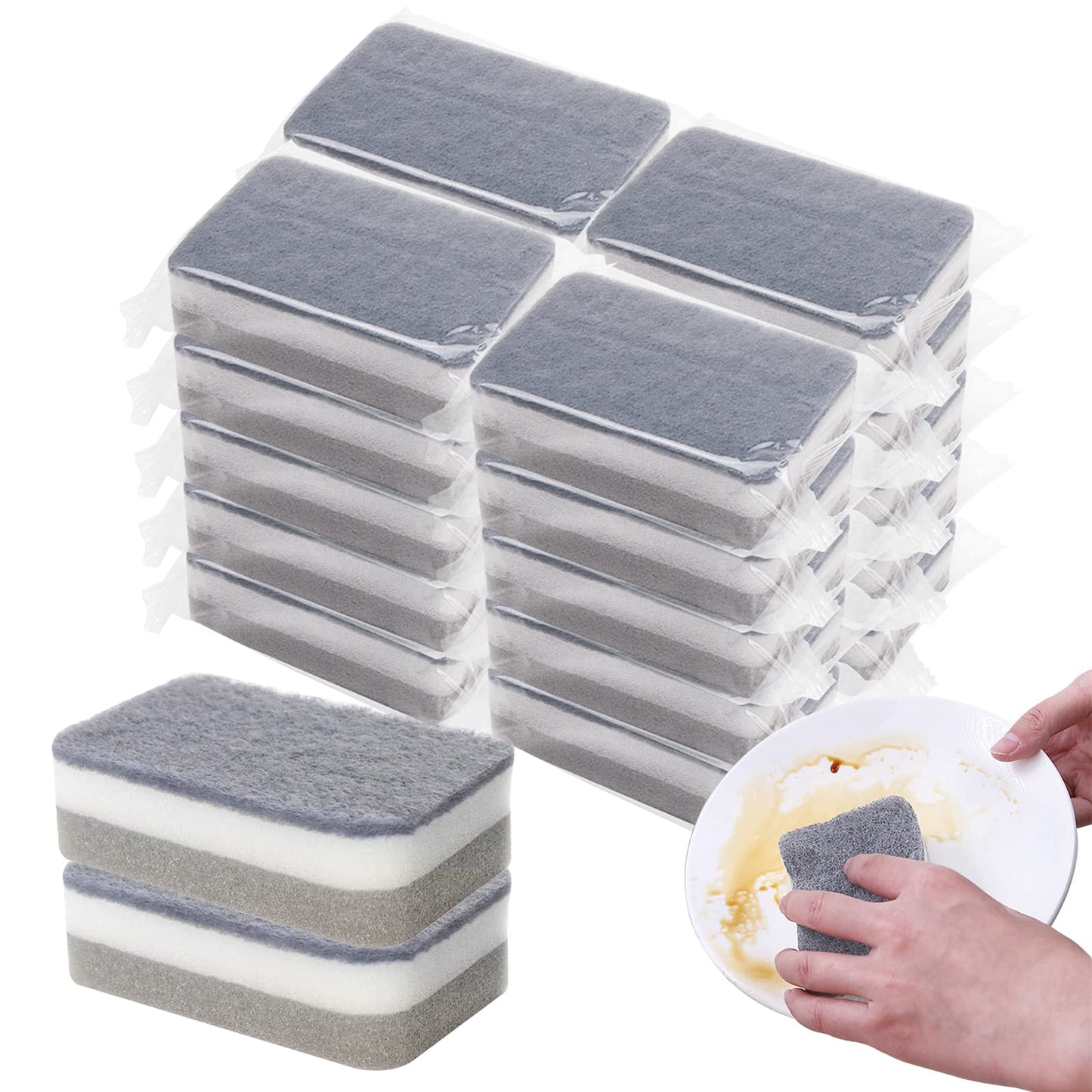 Individually Wrapped Sponges 20 Pack Kitchen Dishwashing Sponge Bulk, Non Scratch Dishes Scouring Pad Dishcloth, Odor-Free Sponge Wipes for Household