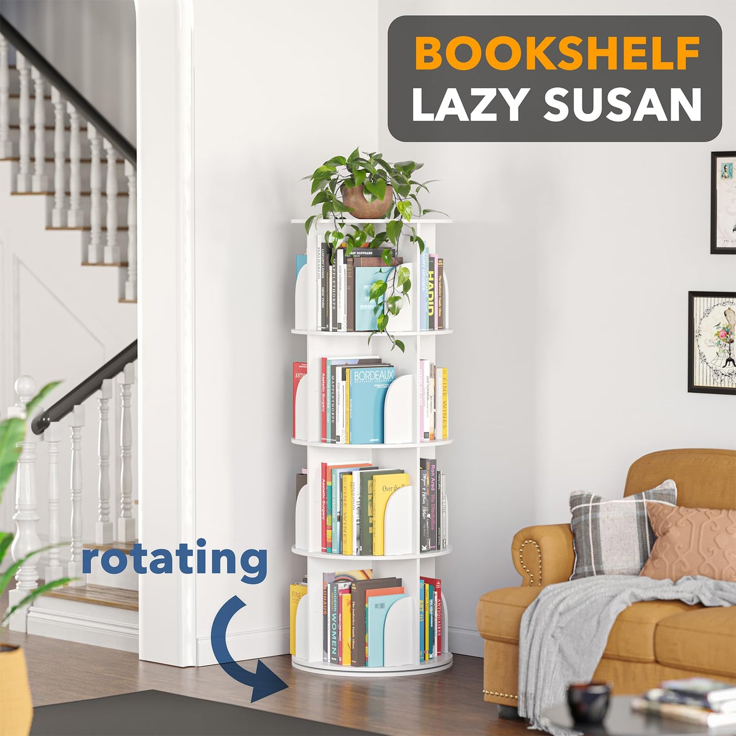 SpaceAid 4-Tier Rotating Bookshelf Tower, Spinning Lazy Susan, 360° Revolving Bookshelf Storage, Round Carousel