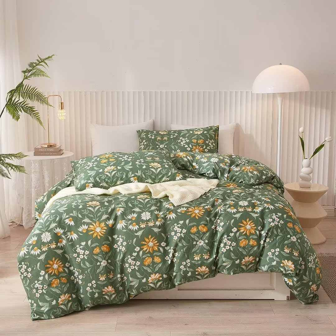 Ruccit Green Floral Duvet Cover Set Double 100% Cotton Duvet Cover Double Bed 3pcs Garden Yellow White Flowers Bedding Set with Zipper Closure Corner