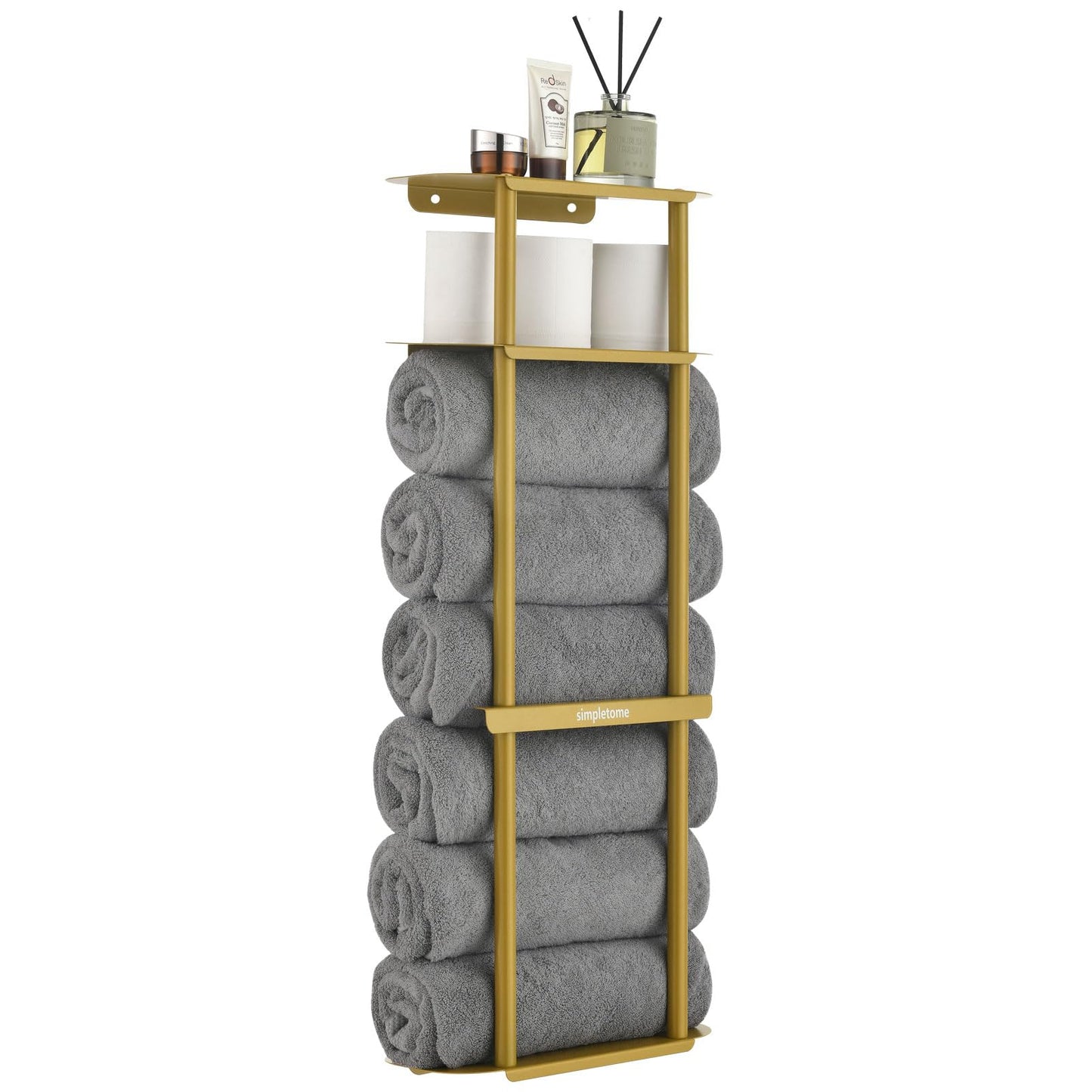 simpletome Towel Racks for Bathroom Storage Shower Organizer with Shelves Wall Mounted Thickened Carbon Steel (Gold)