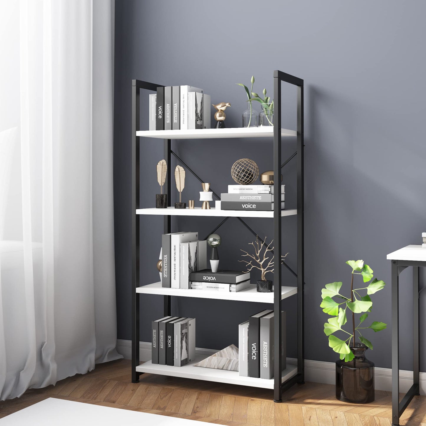 VERMESS Industrial Bookshelf, 4-Tier 24inch White Shelving Unit Wood Bookcase with Open Shelves, Rustic Standing Bookshelves Metal Frame Display Rack