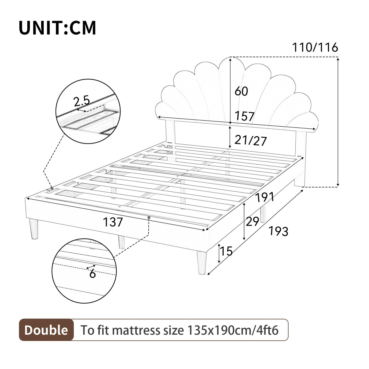 Ball & Cast Double bed frame, 4ft6 Double Upholstered Bed, Adjustable Chic Petal Headboard, Sturdy Wooden Slat Support, Velvet Fabric (No Mattress)