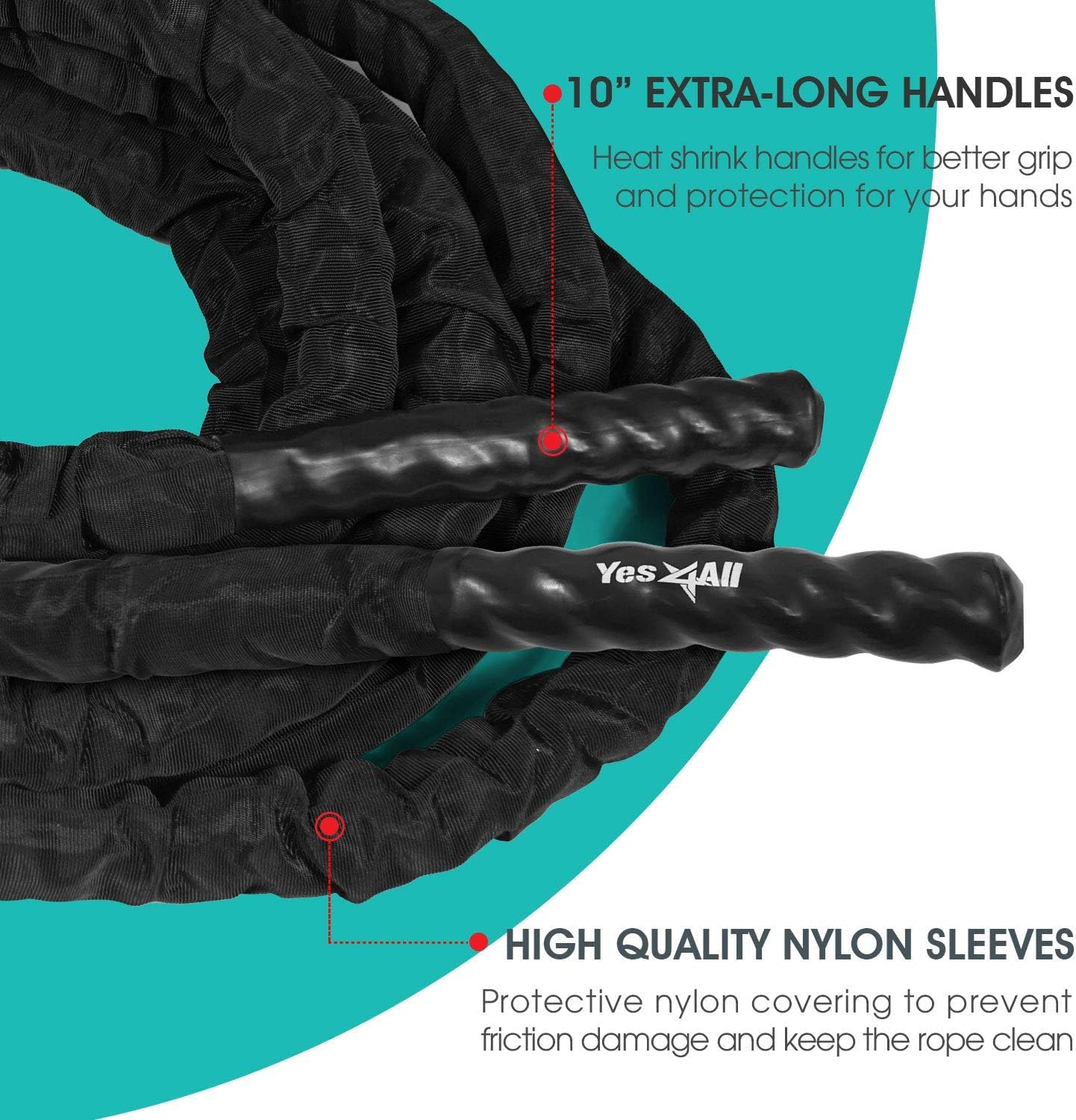 Yes4All Battle Exercise Training Rope with Protective Cover ? Steel Anchor & Strap Included - 38mm / 50mm Diameter Poly Dacron 9m, 12m, 15m Length