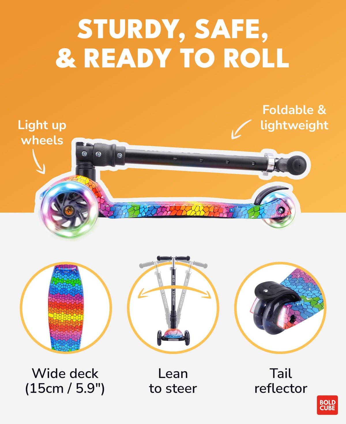 BOLDCUBE Big Fold Crystal Rubix | Three Wheel Scooter for Children Ages 5-10 Years | LED Wheels with Flashing Lights | Height Adjustable 65 to 89 cm |