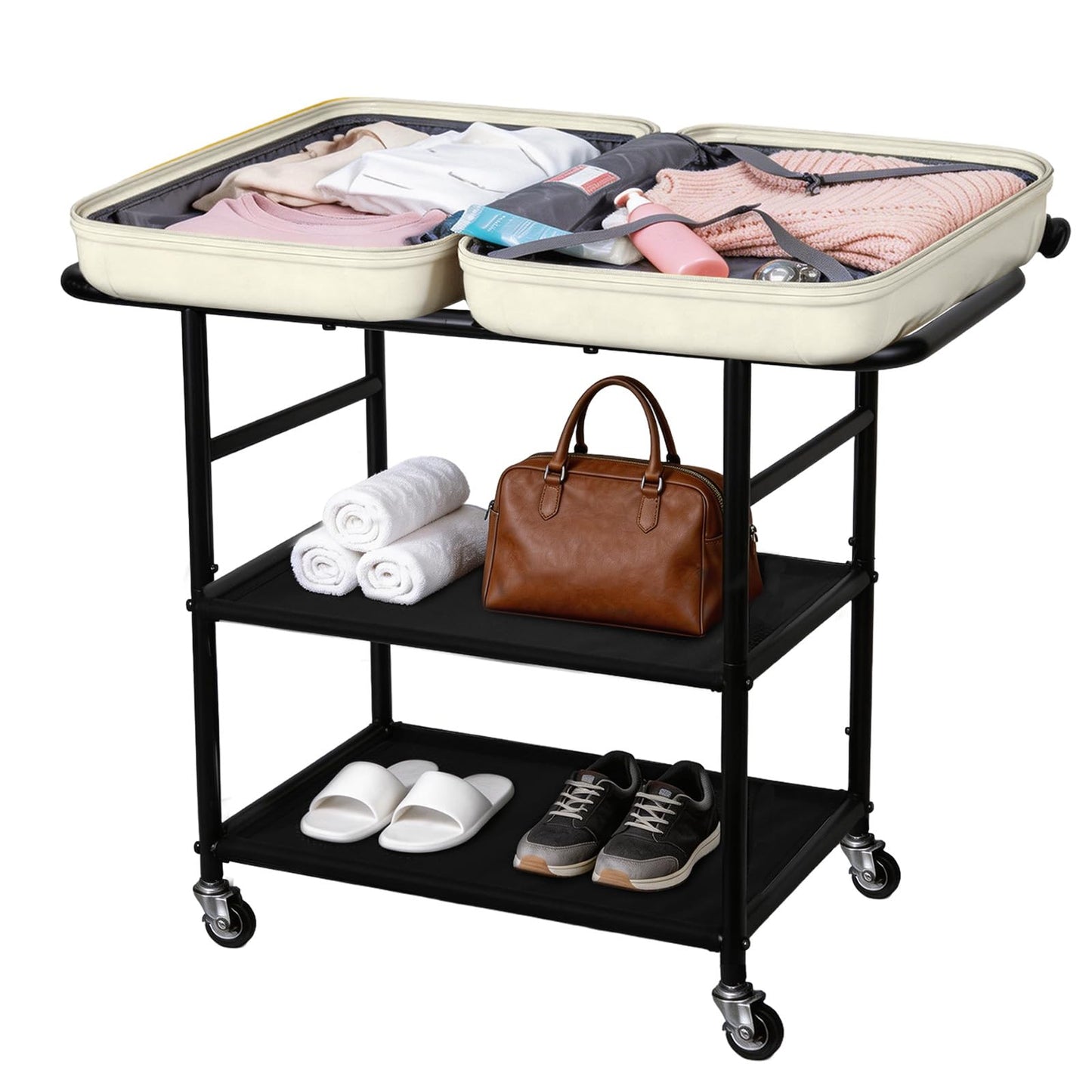 ikkle Luggage Rack for Guest Room, 3-Tier Heavy-Duty Suitcase Stands Mobile Luggage Stand with 2 Storage Shelf, Metal Luggage Holder for Guest Room