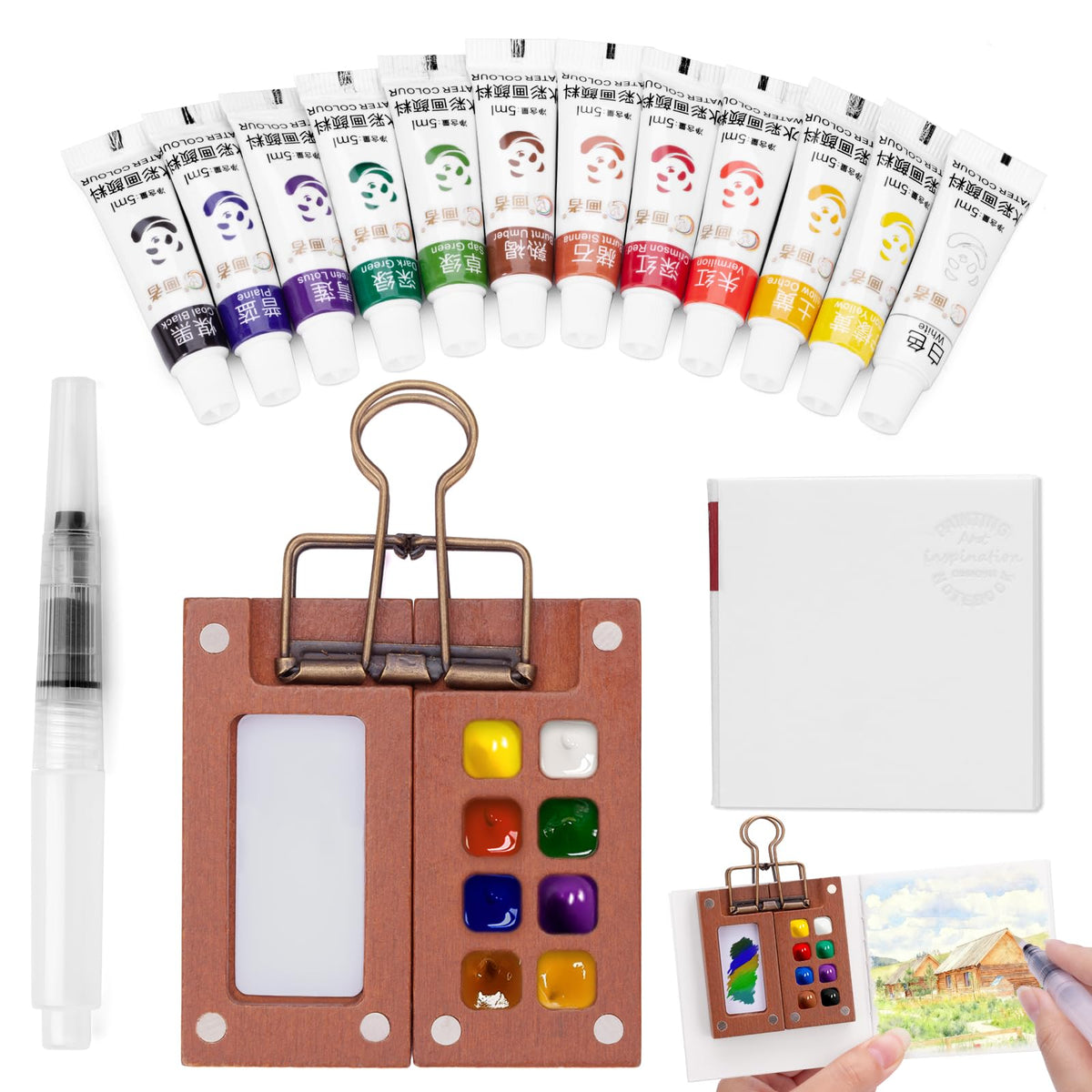 Mini Watercolour Paint Set Travel, Pocket Watercolour Set, 12 Colors Mini Paint With 8 Grids Wooden Palette, Includes Sketchbook,Watercolor Pens,and