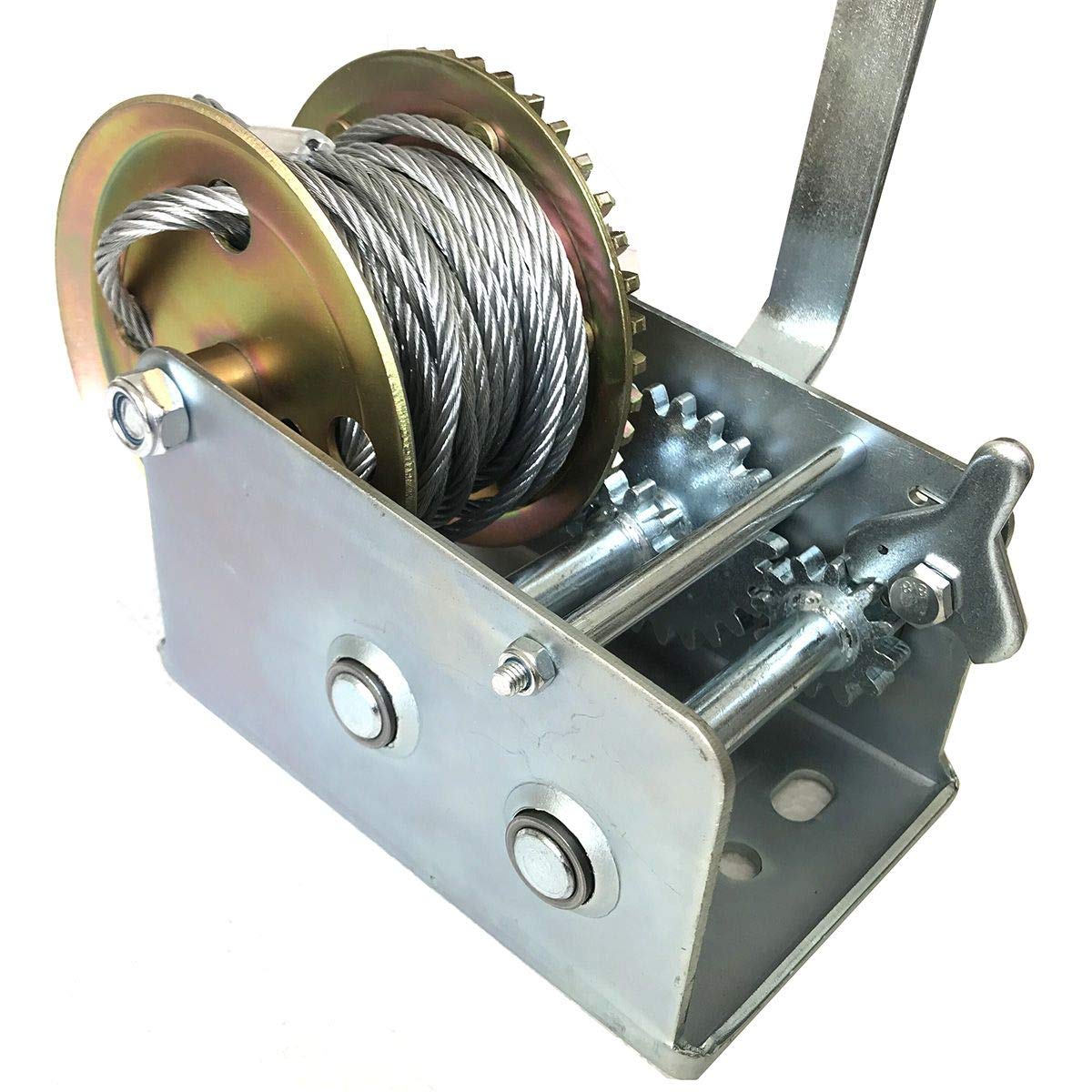 KATSU Heavy Duty Hand Winch, 2500LB 1100KG Car Boat Truck Trailer Winch with 10m Steel Wire Rope, Manual Crank Gear Cable Winch for Dual Ratchet and
