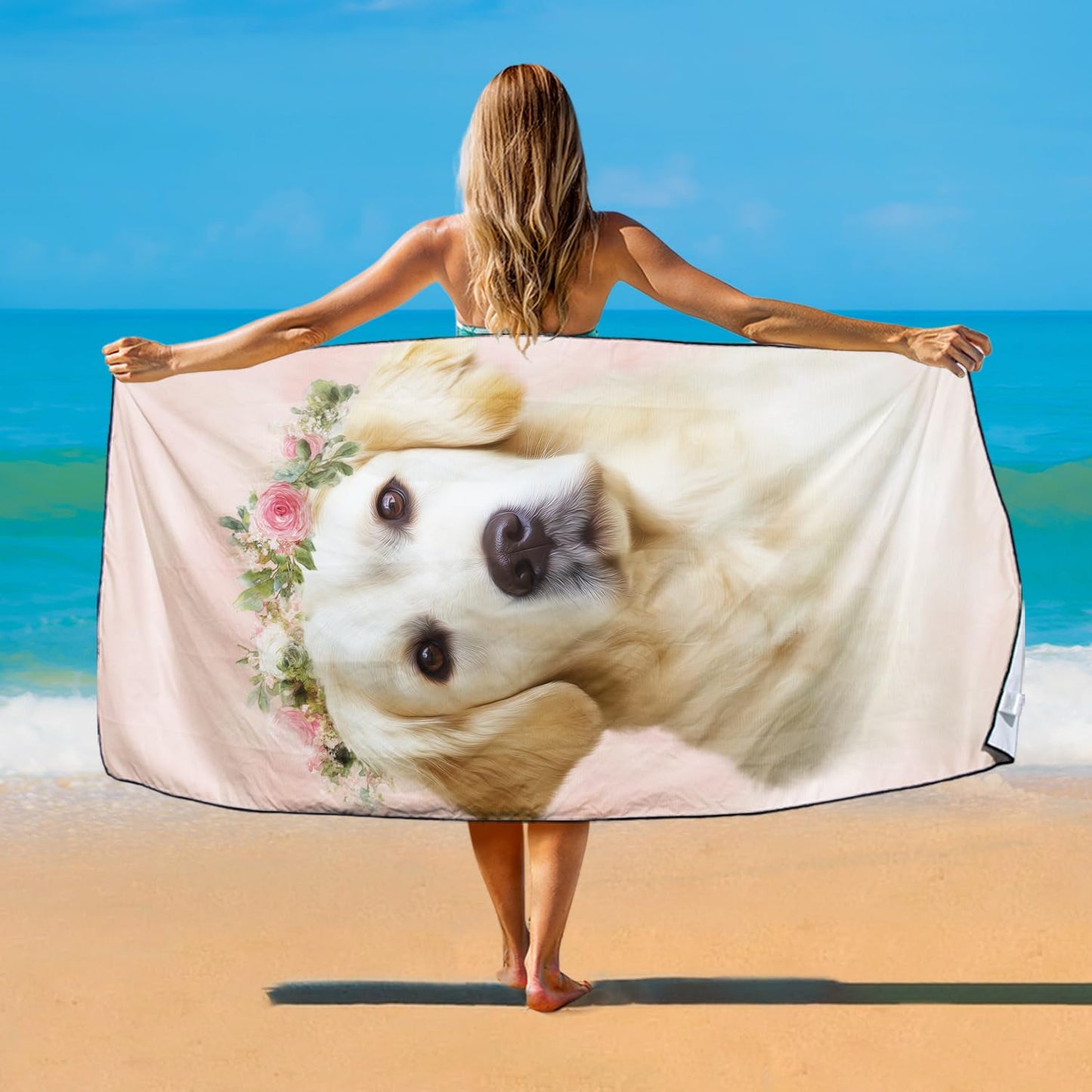 Violetpos Floral Wreath Golden Retriever Beach Towel for Dog Lovers, Extra Large 180x90 cm 250GSM Microfibre, Sand Free Quick Dry