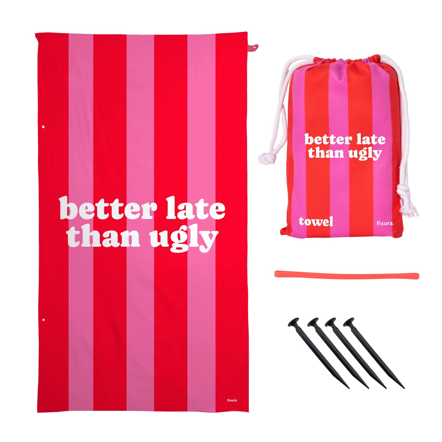 Fisura ? Oversized Pink Beach Towel Better Late Than Ugly Lightweight pink and red microfiber towel for the pool, beach, camping, or picnic.