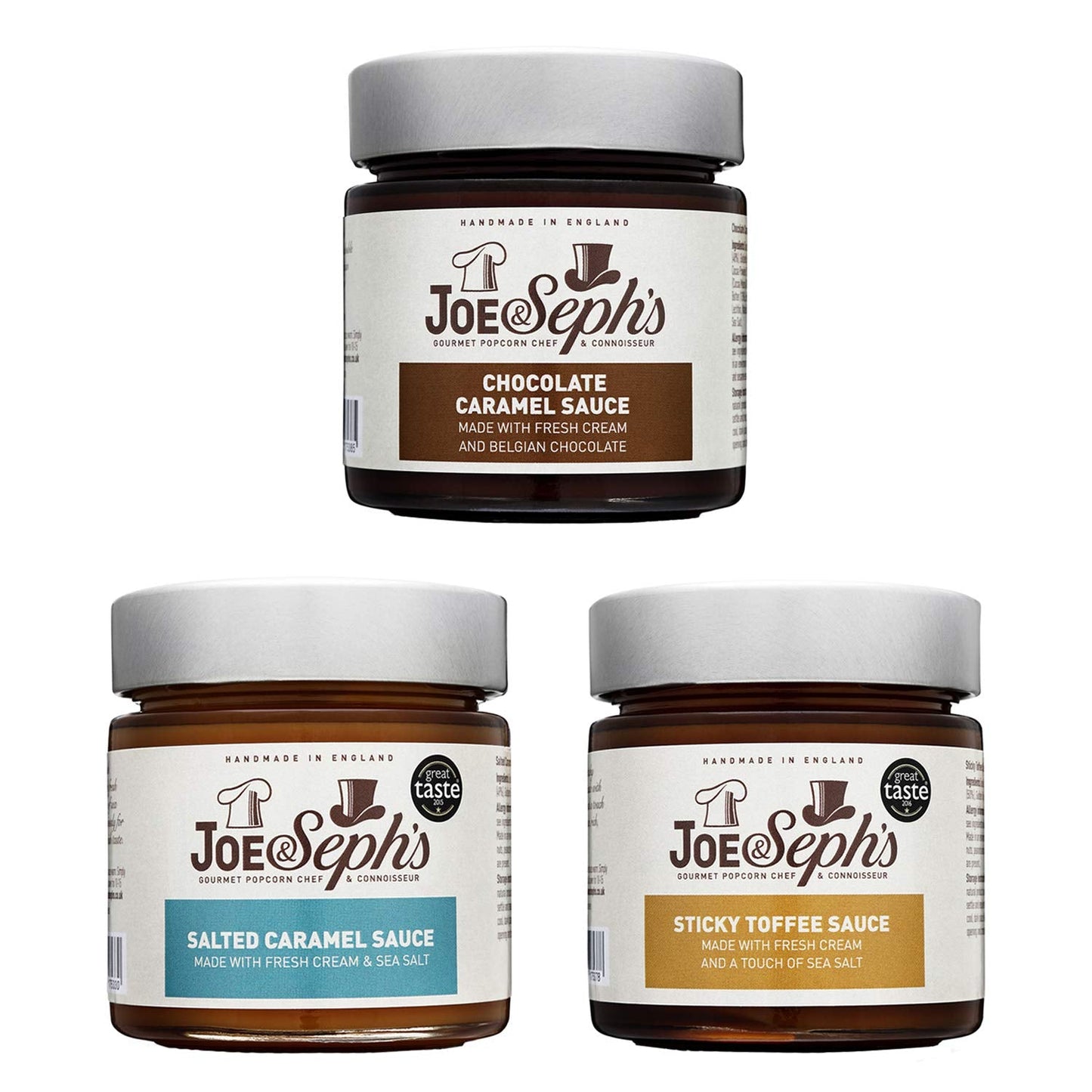 Joe & Seph's Caramel Dessert Sauce Discovery Selection Set - 3 x Jars | Handmade in the UK | Gluten Free | Suitable for Vegetarians | Home Baking |