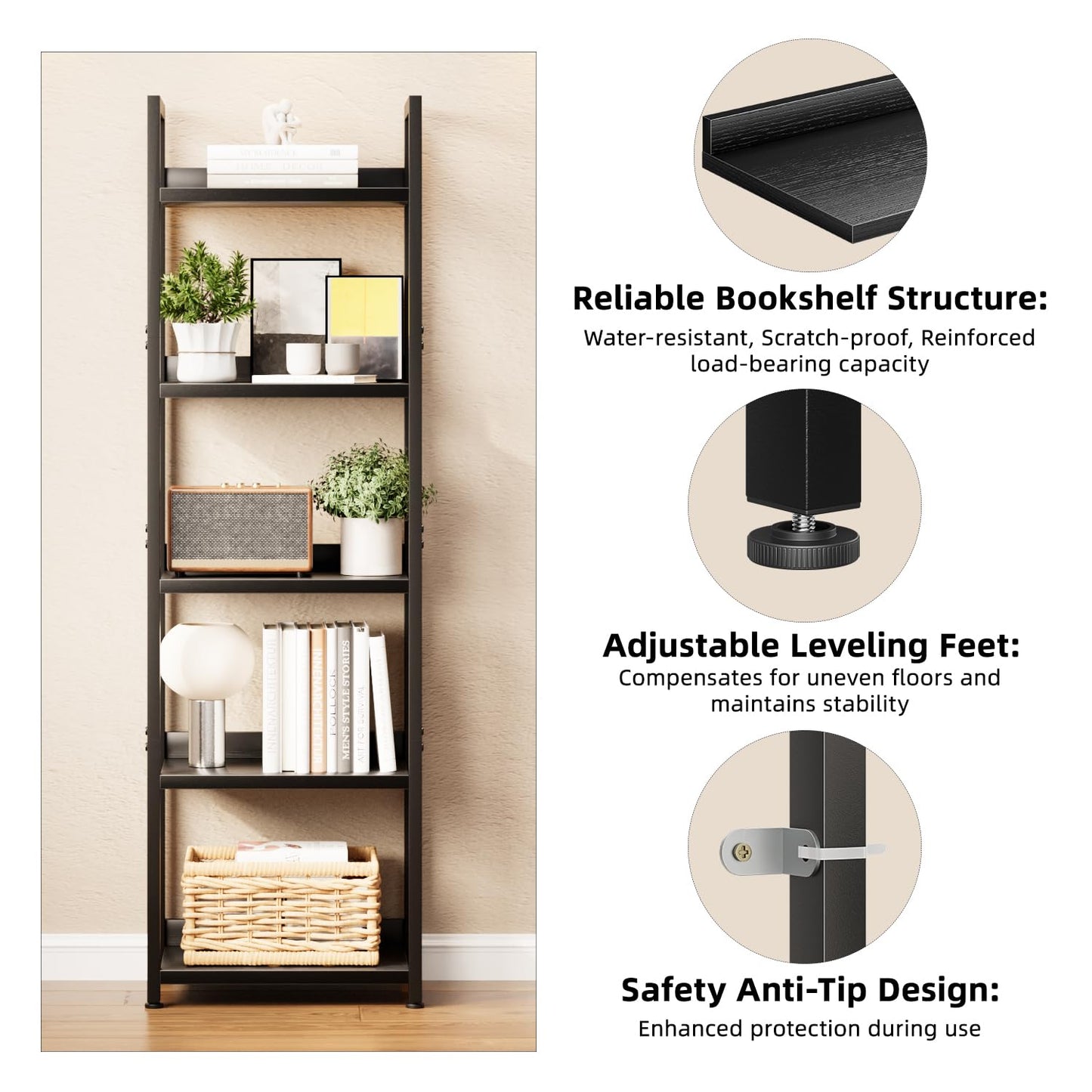 APPOLYN 5 Tier Slim Bookshelf, Bookcase with Backboard, Black