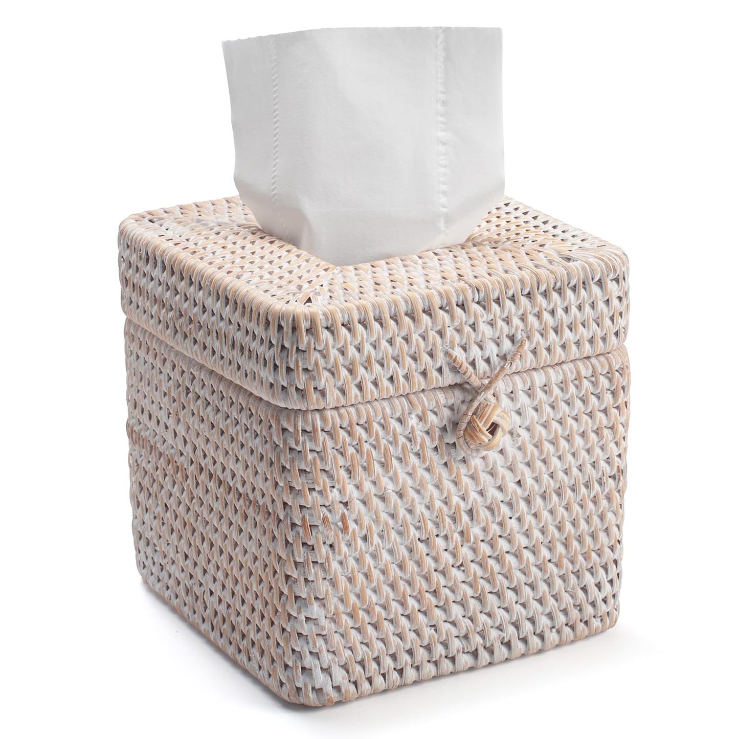 Rattan Tissue Box Cover Square, Wicker Tissue Box Holder with Lid, Natural Woven Facial Tissue Holder for Bathroom, Kitchen, Living Room (Whitewash)