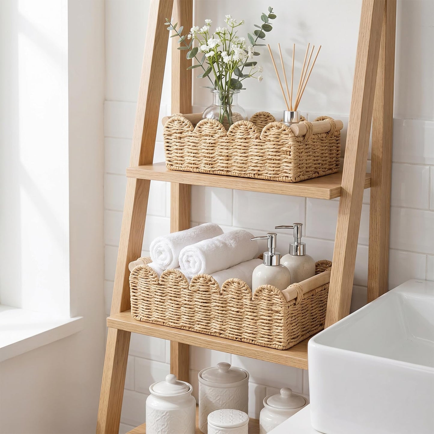 AURIVISTA Paper Rope Scalloped Toilet Paper Storage Organizer Basket,Beige