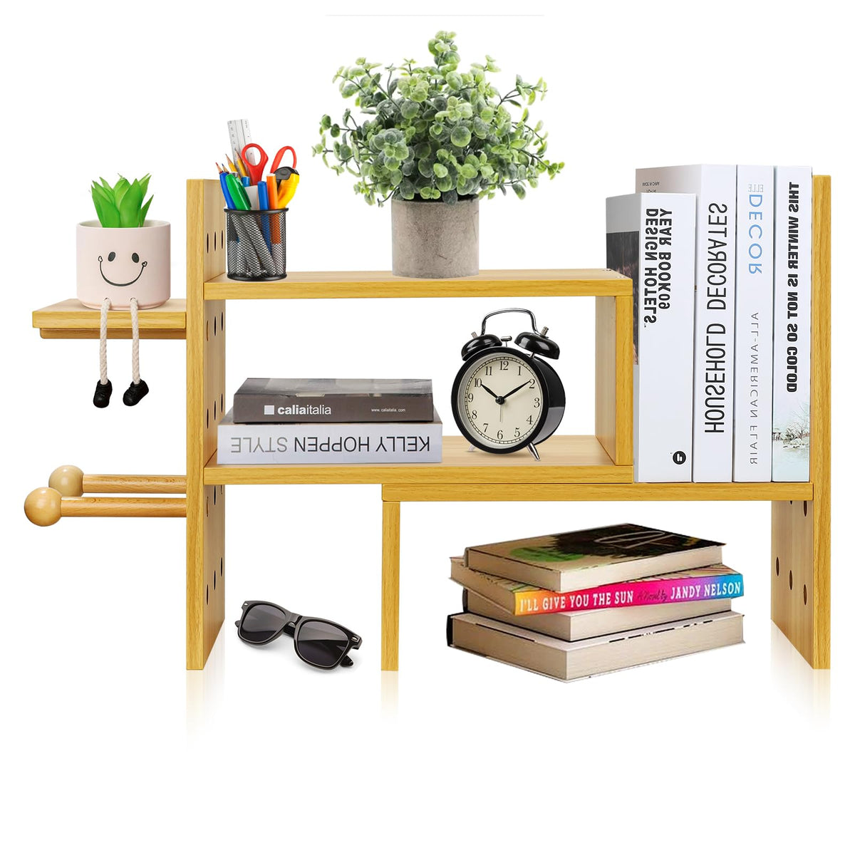 JIIKOOAI Desk Storage Organizer, Desktop Display Shelf Rack, Bamboo Rustic Bookshelf for Office & Home, Expandable Desktop Storage Rack