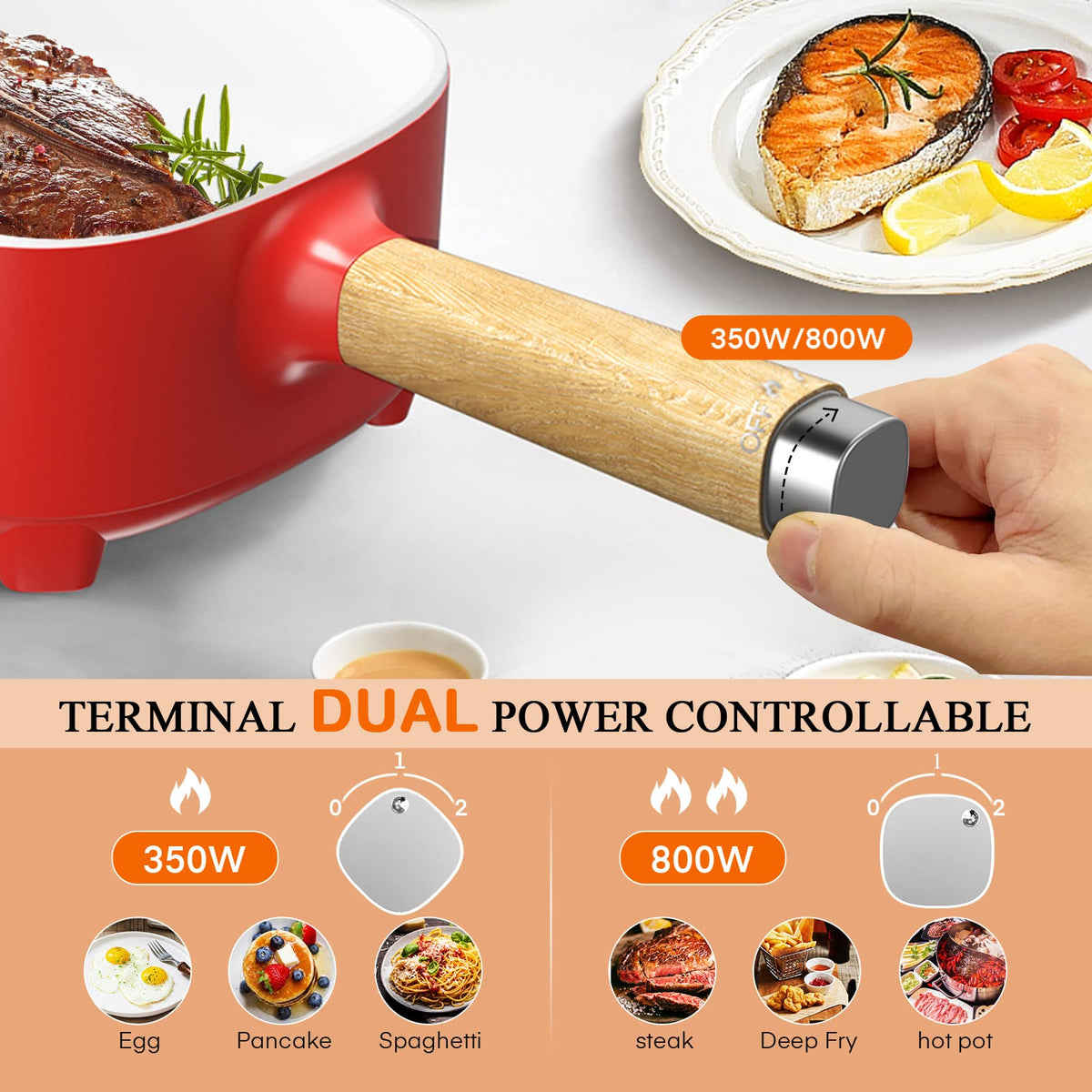 Audecook Electric Hot Pot, Cermic Glaze Non-Stick Frying Pan, Portable Travel Multicooker for Ramen, Steak, Egg, Fried Rice, Oatmeal, Soup, 350W/800W
