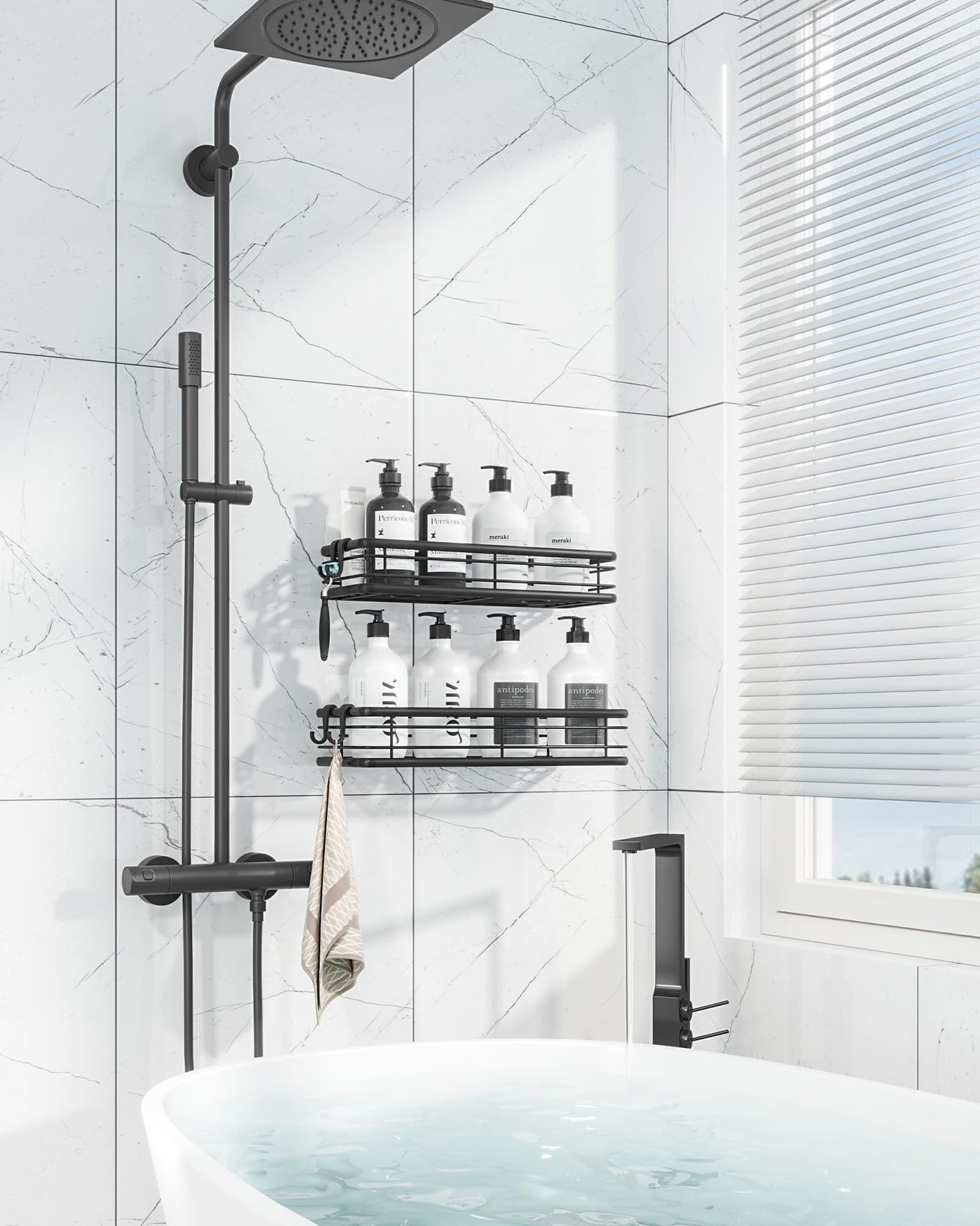 Kitsure Shower Caddy Adhesive, Space-Saving Shower Shelves, W30.0cm, Black
