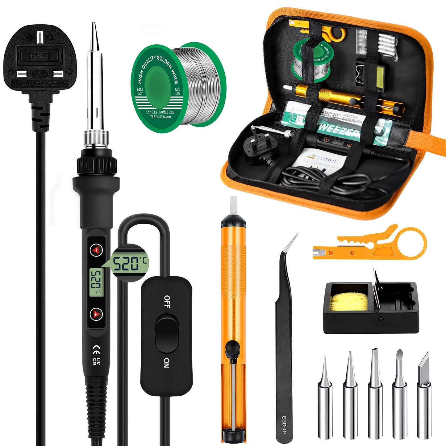 Soldering Iron Kit 80W LCD Adjustable Temperature 180-520?C, 13 in 1 Electric Soldering Iron Kit Welding Tool, Solder Wire, 5 Soldering Tips,