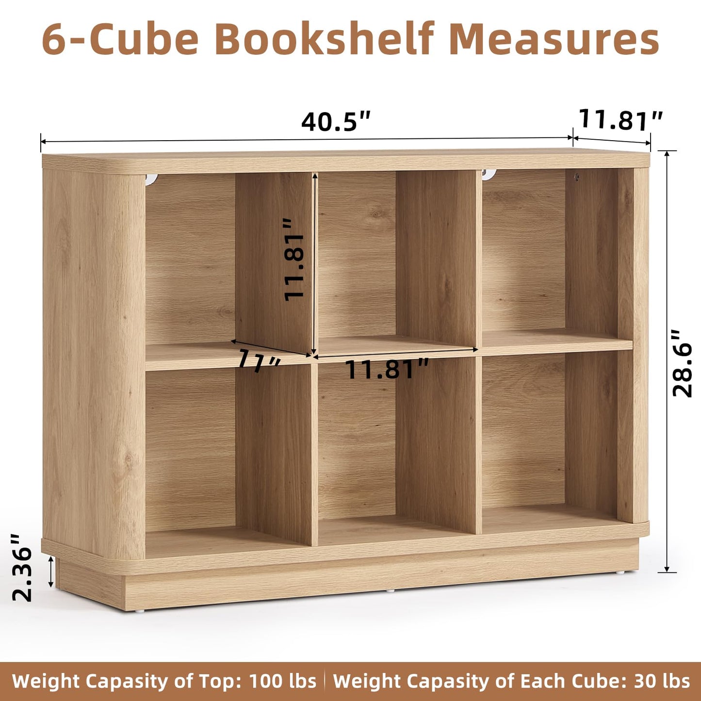 LELELINKY 6 Cube Storage Bookcase, 40" Wide Wooden Book Shelf with Thickened Base, Freestanding 2-Tier Open Book Case Unit with Curved Edge