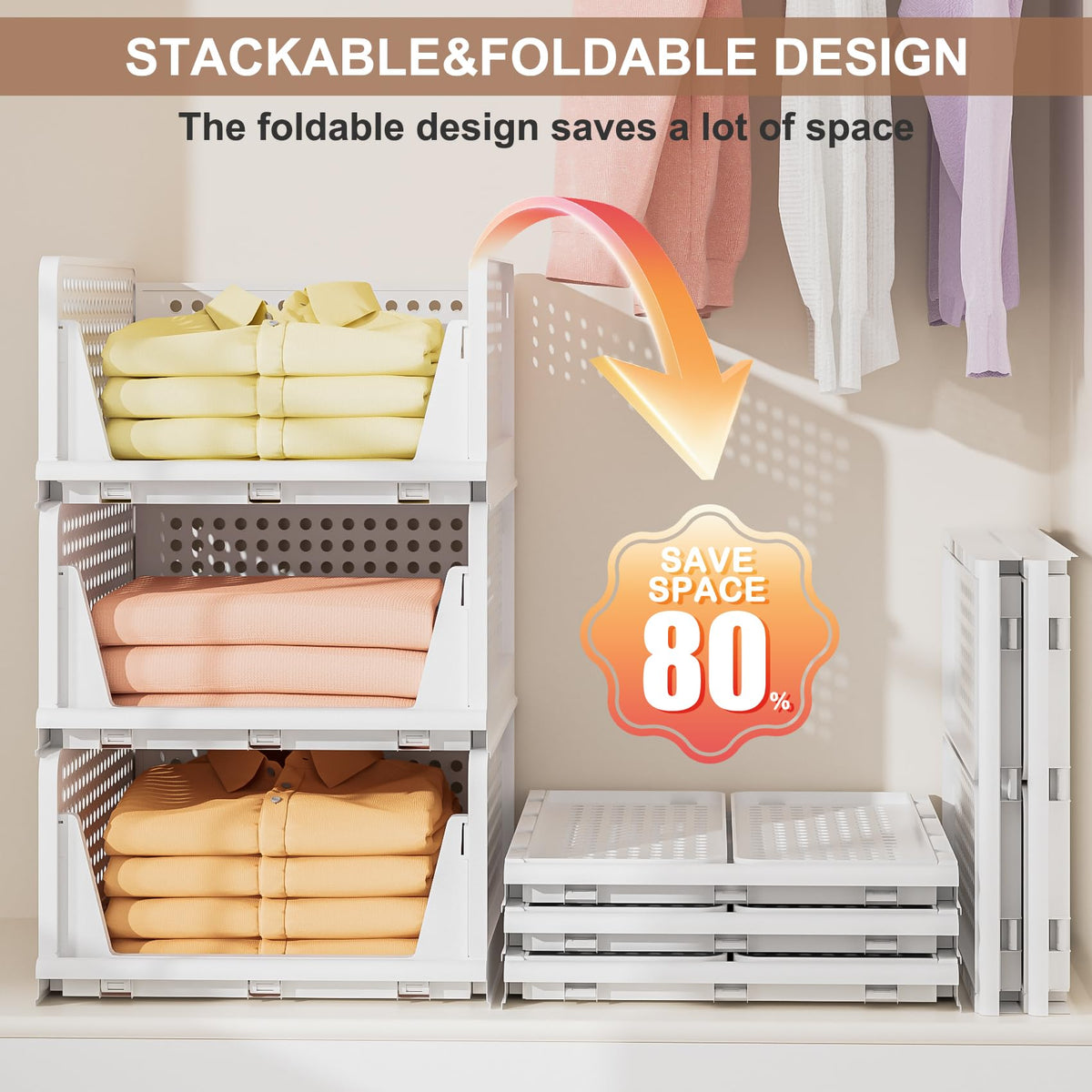 Neprock Wardrobe Storage Organiser - 4 Pack Stackable Storage Drawers for Inside Wardrobe Shelves, Plastic Closet Organiser Drawer