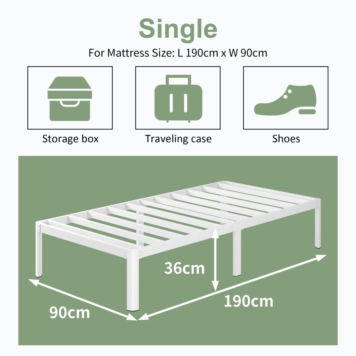 Lutown Teen 3ft Single Bed Frame with Rounded Corner Legs, Heavy Duty White Metal Bed Frame with Steel Slats Support, 36 cm High, Noise Free, Easy