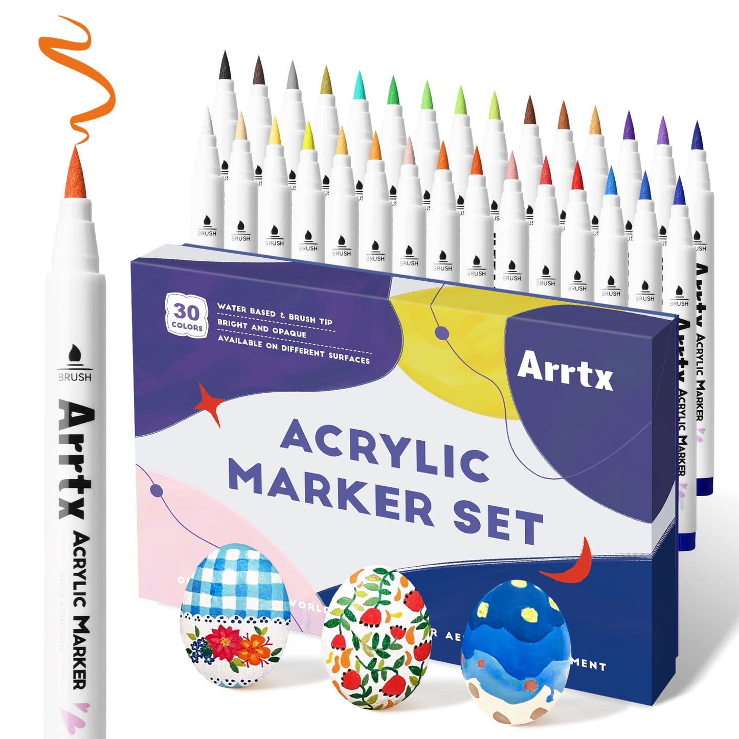 Arrtx Acrylic Paint Brush Pens for Rock Painting, 30 Colors Premium Graffiti Supplies, Acrylic Paint Pens for Stone, Craft DIY, Easter Egg, Wood,