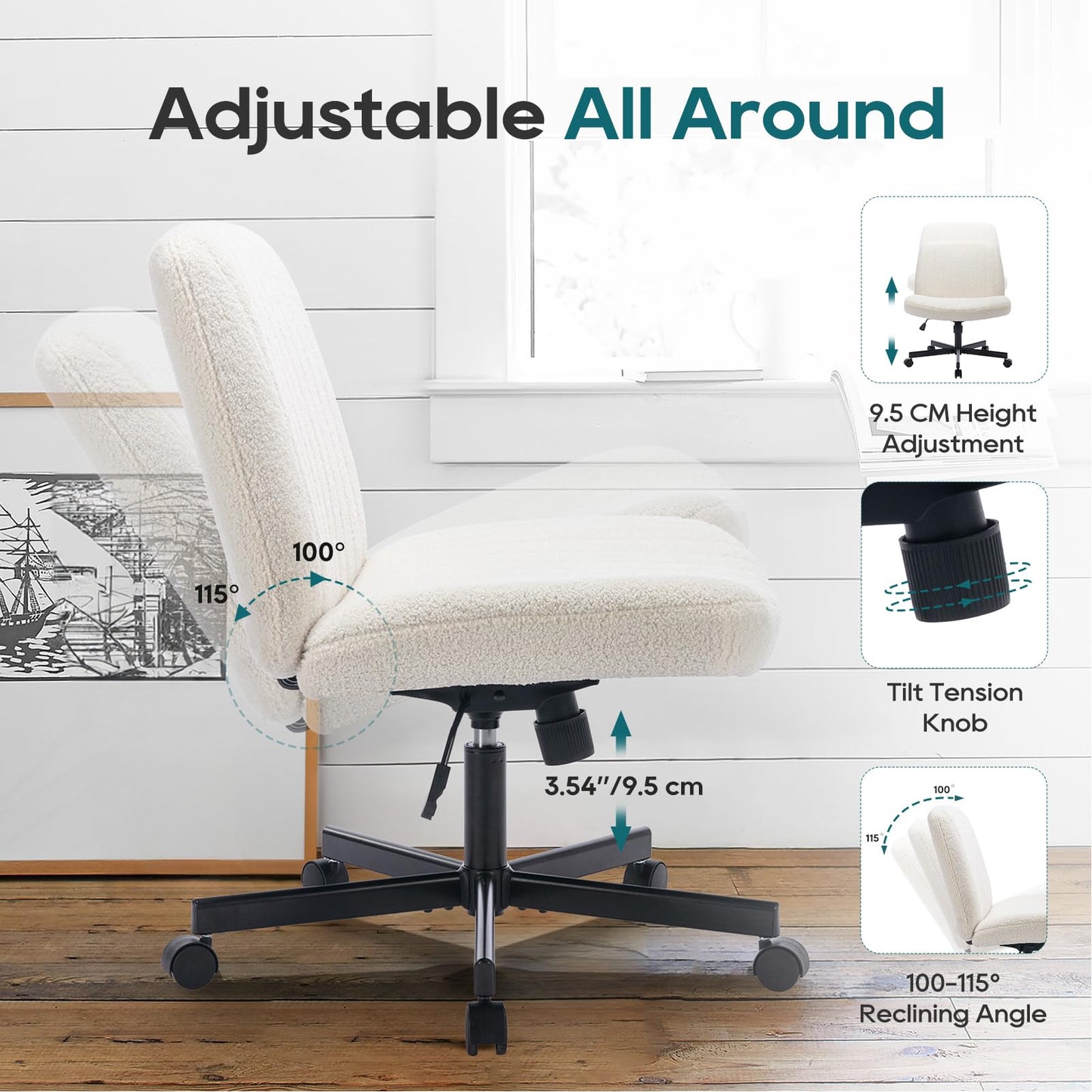 COLAMY Wide Office Chair, Padded Armless Task Vanity Chair Swivel Home Office 115°Rocking Mid Back Ergonomic Computer Chair for Home Working, Make Up