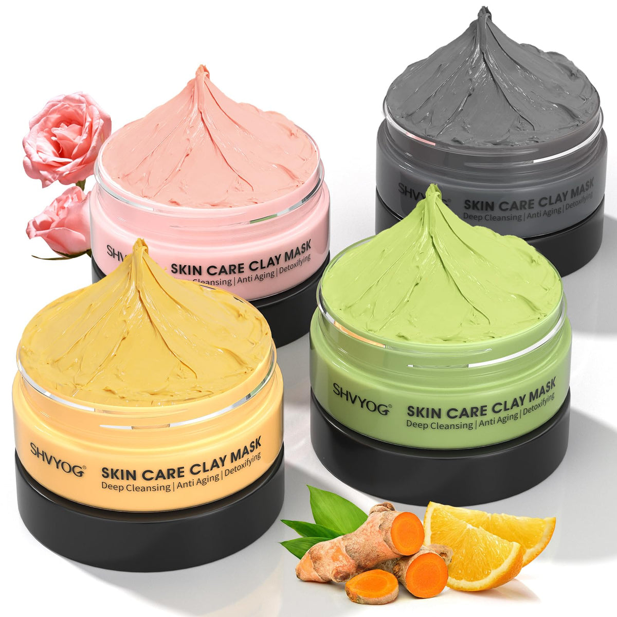 Clay Face Mask Kit, Vitamin C Clay Mask with Turmeric, Dead Sea Mud, Green Tea, Rose, Skin Care Facial Mask for Deep Cleansing, Controlling Oil and