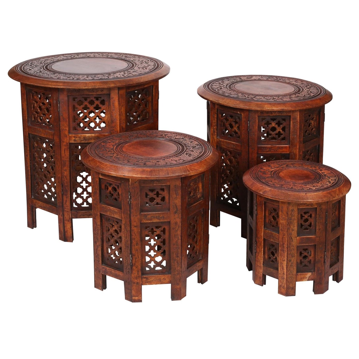 topfurnishing Beautiful Round Hand Carved Indian Shesham Wooden Coffee Table Side [Mahogany,Small 12"x12"x12" 30.5cm]